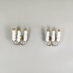 Italian Midcentury Brass White Floral Ceramic Wall Lamps by Luigi Zortea, 1949