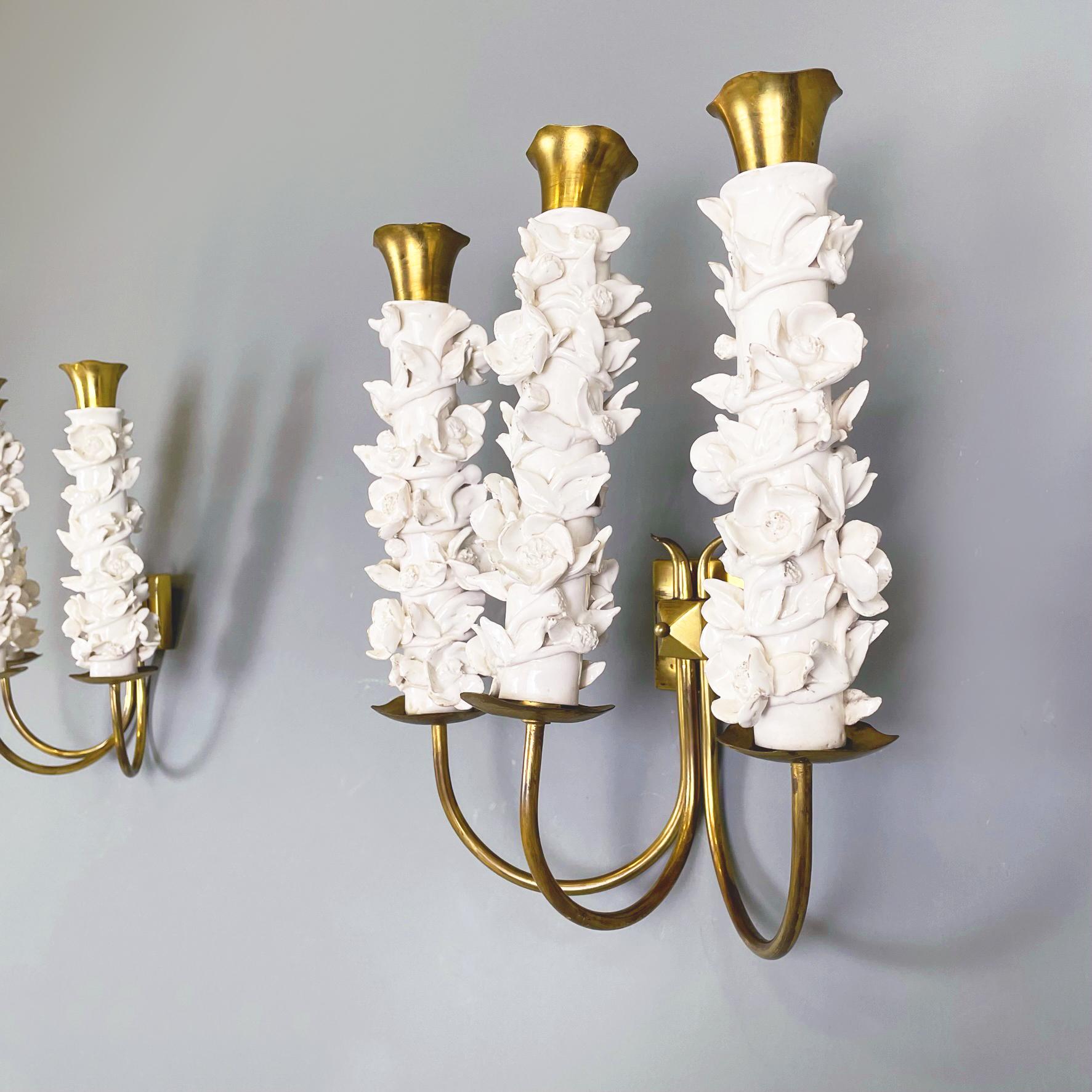 Mid-Century Modern Italian Midcentury Brass White Floral Ceramic Wall Lamps by Luigi Zortea, 1949 For Sale