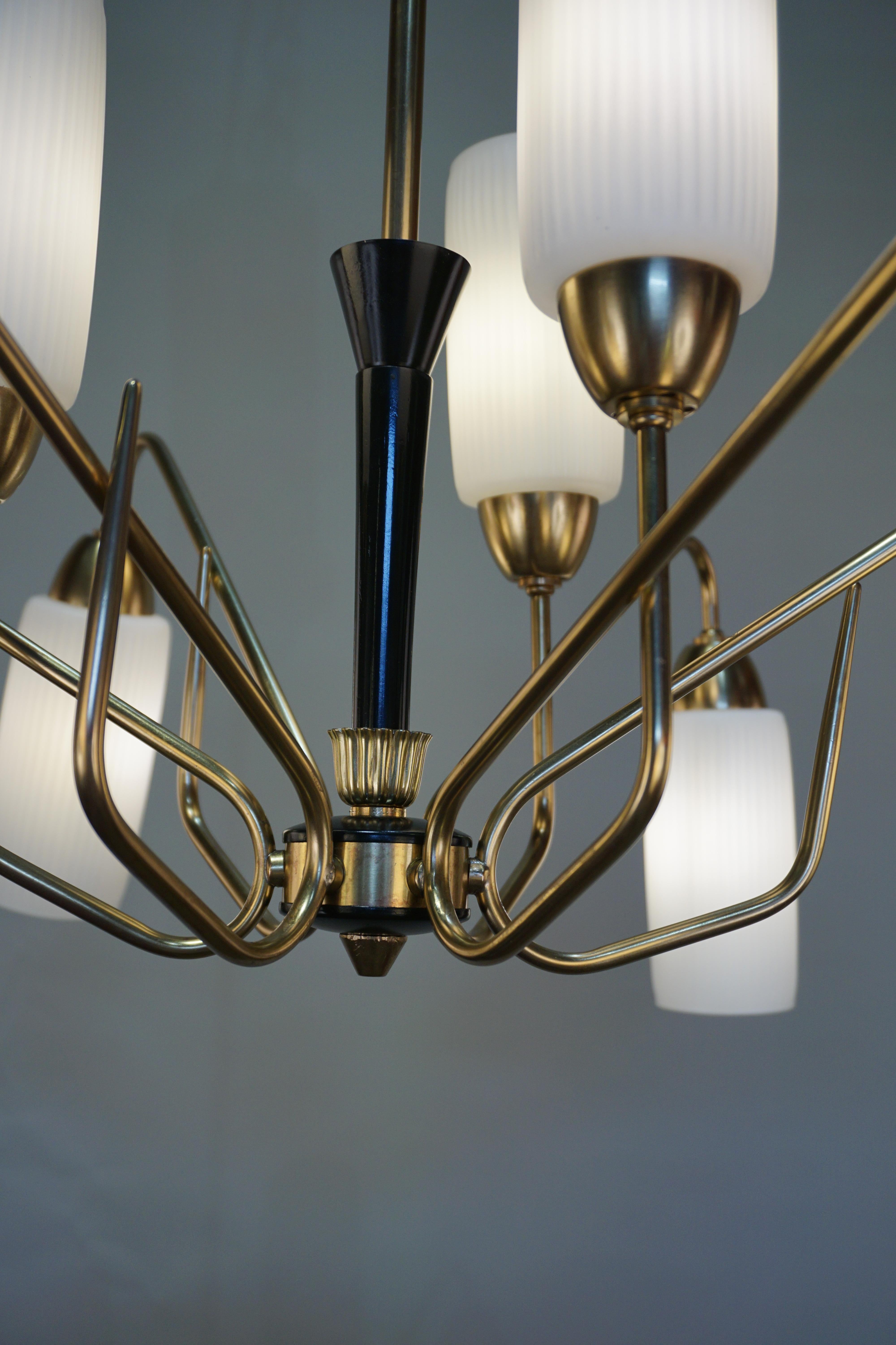 Lacquered Italian Midcentury Bronze and Glass Chandelier