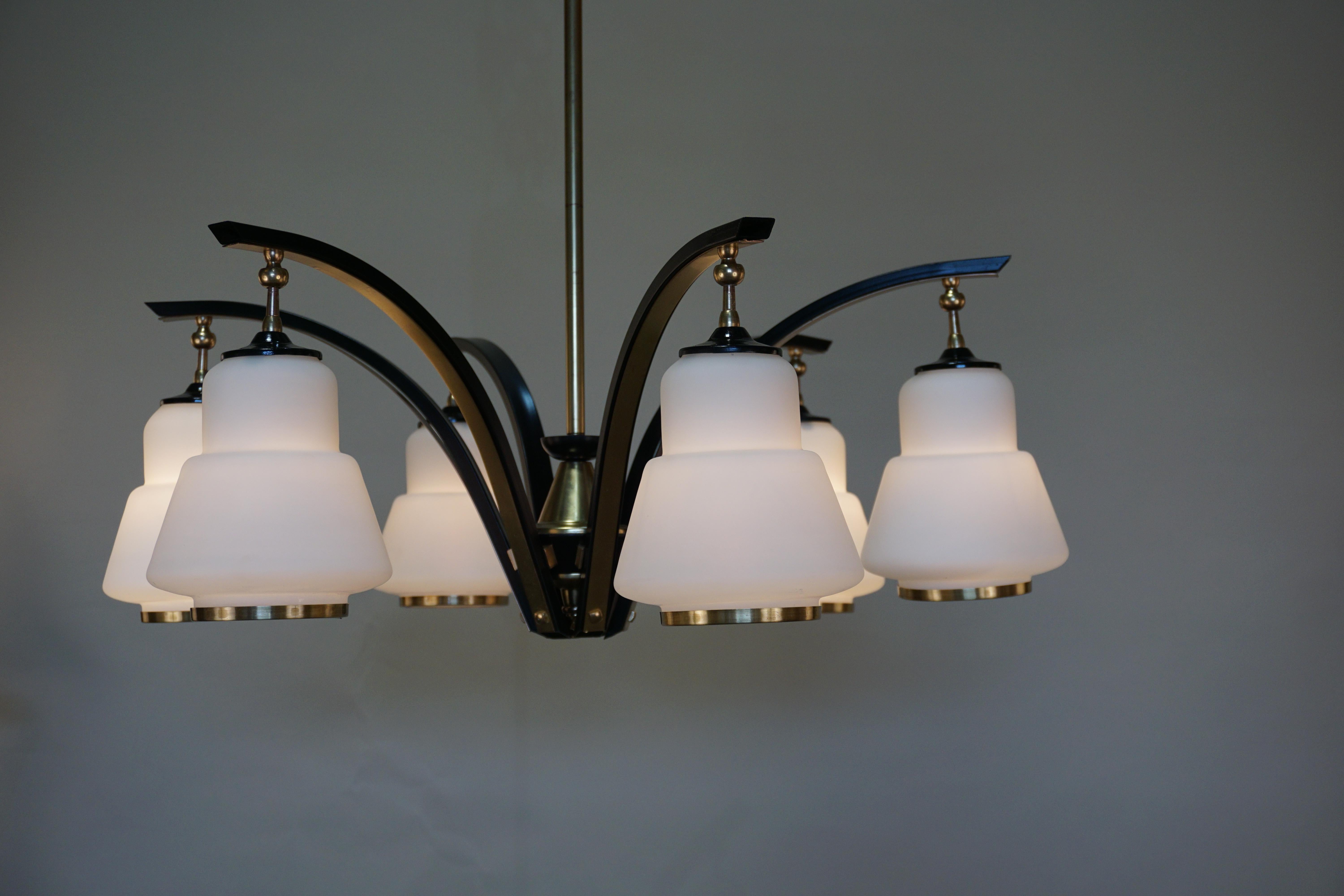 Mid-20th Century Italian Midcentury Bronze and Glass Chandelier For Sale