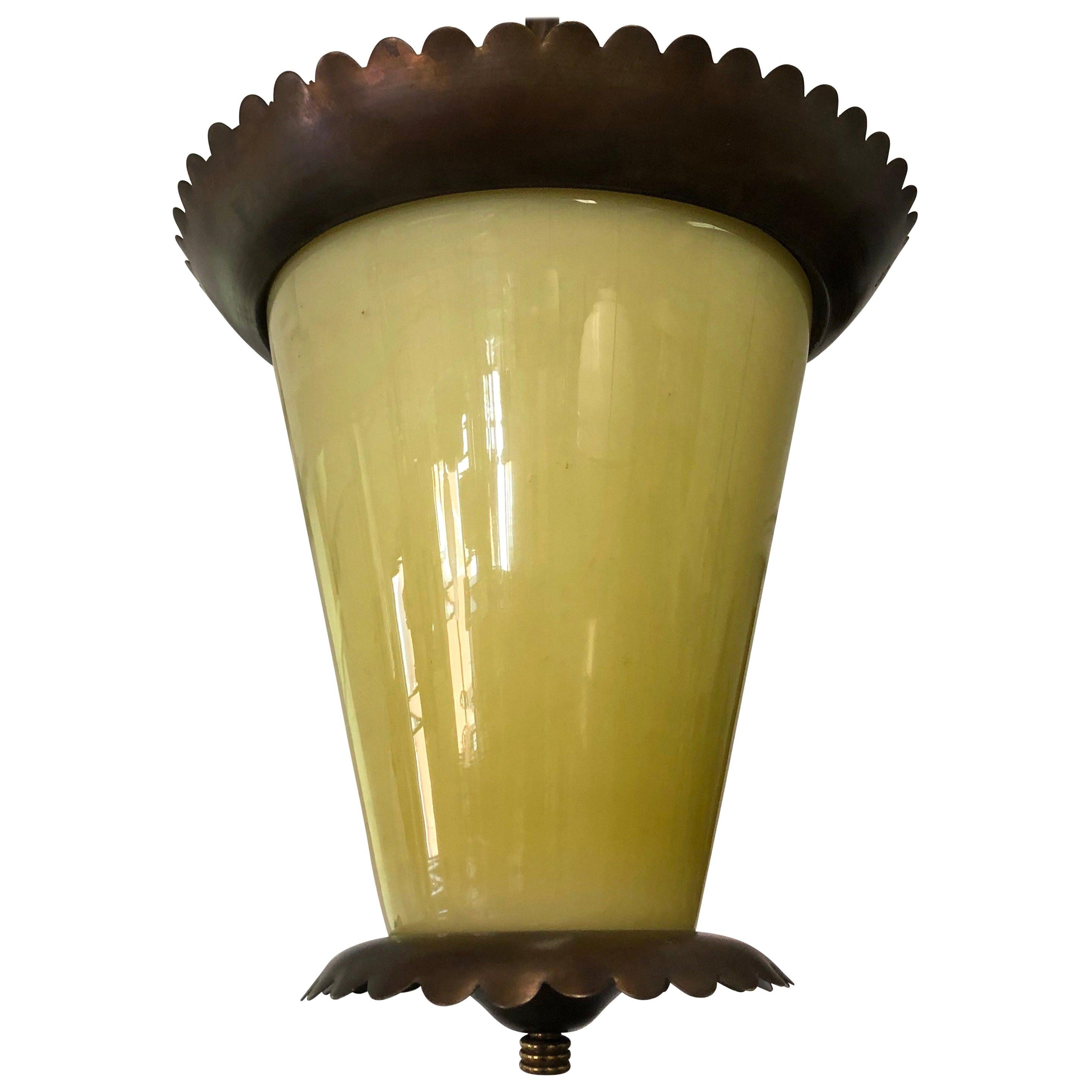 Italian Midcentury Bronze and Murano Glass Pendant or Lantern by Fontana Arte For Sale
