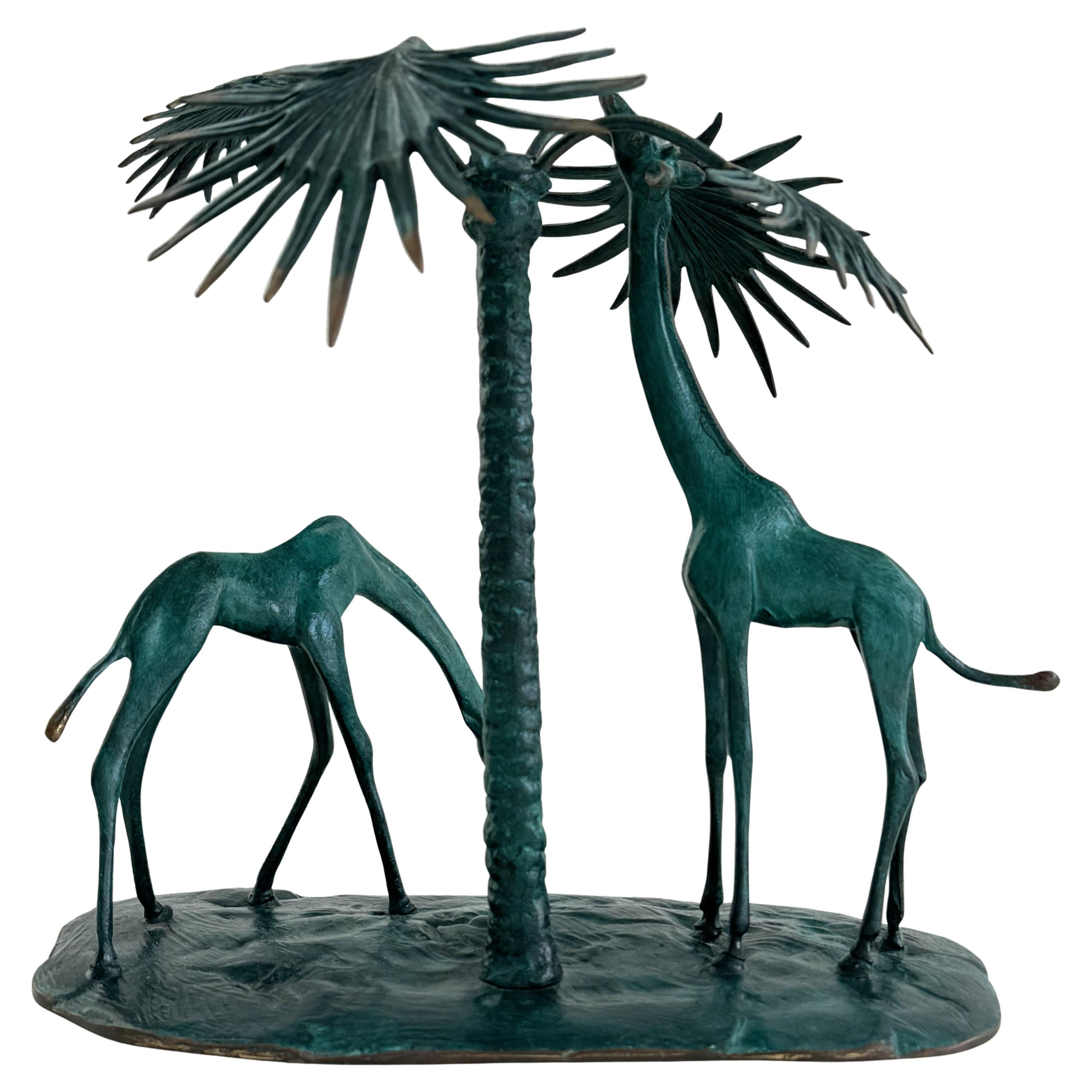 Italian Midcentury Bronze Art Sculpture with Giraffes and Palm Tree, 1950s