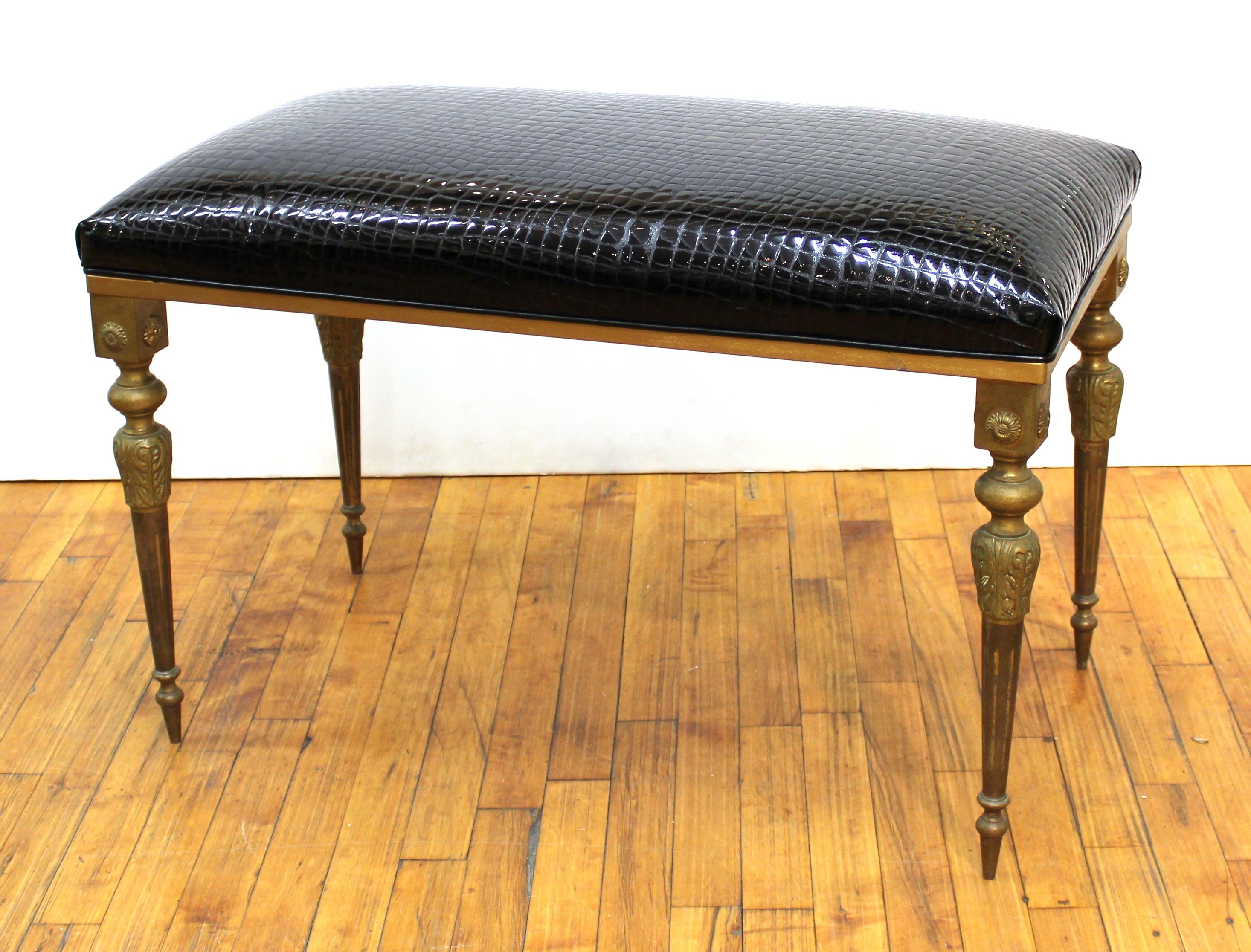 Mid-20th Century Italian Midcentury Bronze Bench with Faux Alligator Black Patent Leather