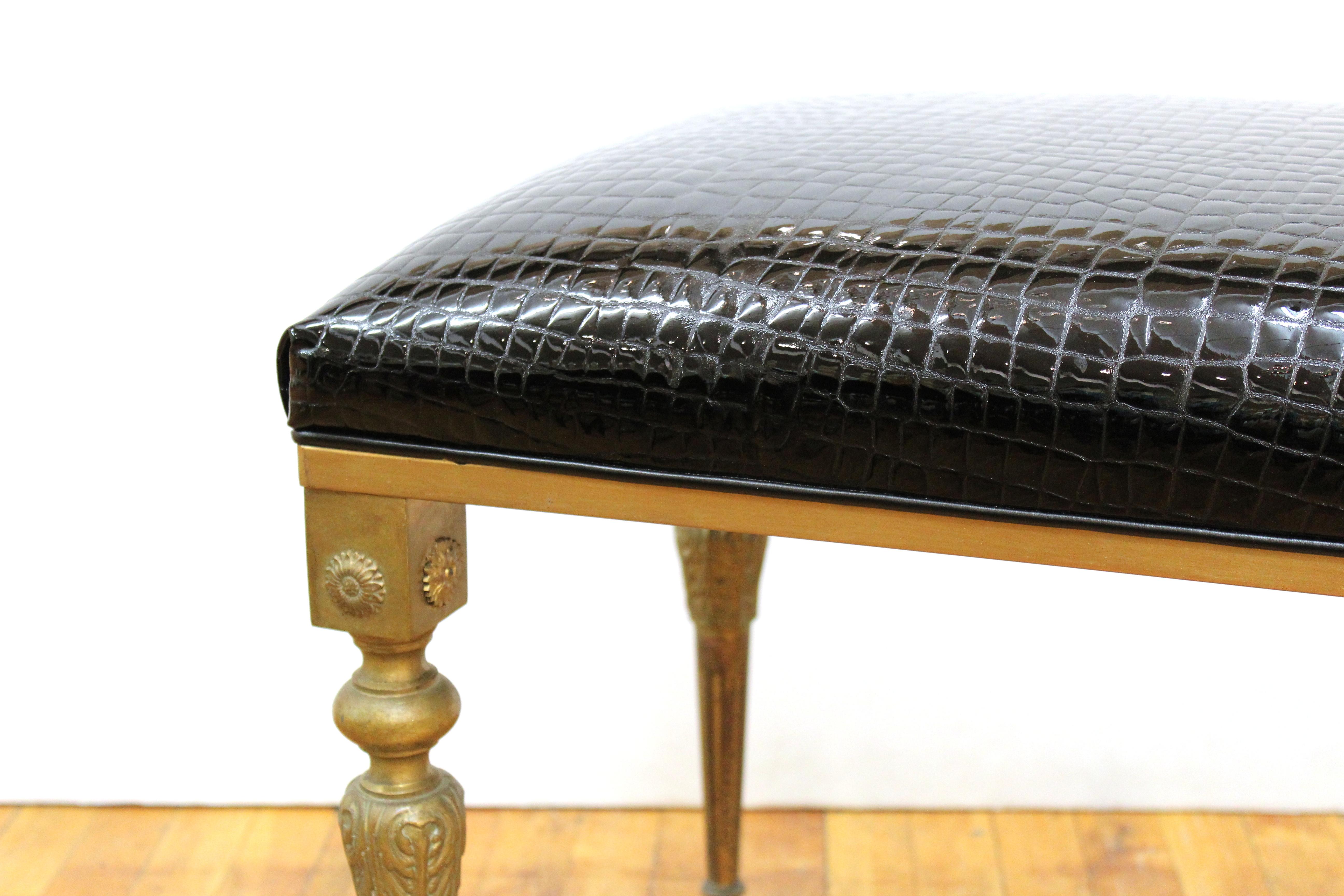 Italian Midcentury Bronze Bench with Faux Alligator Black Patent Leather 1