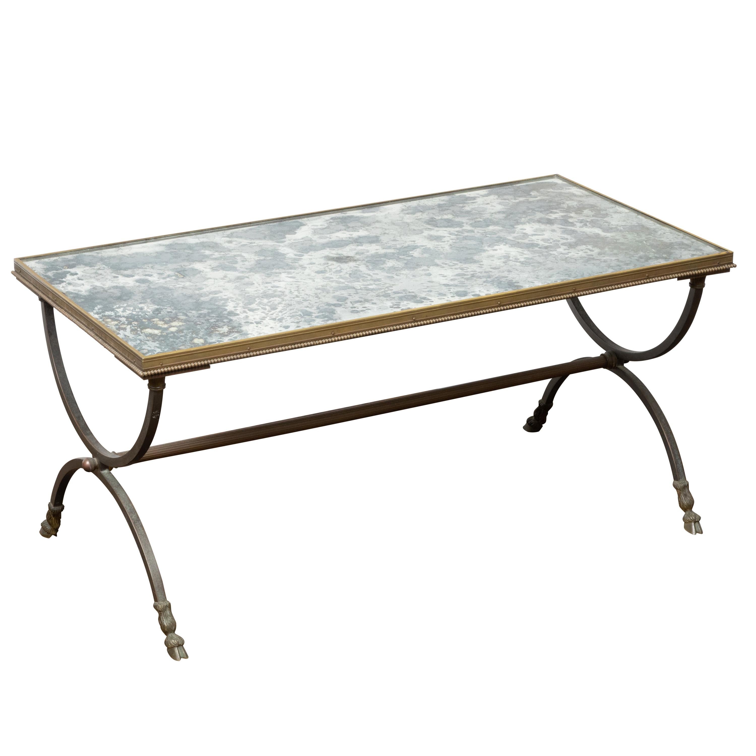 Italian Midcentury Bronze Coffee Table with Double X-Form Base and Hoof Feet