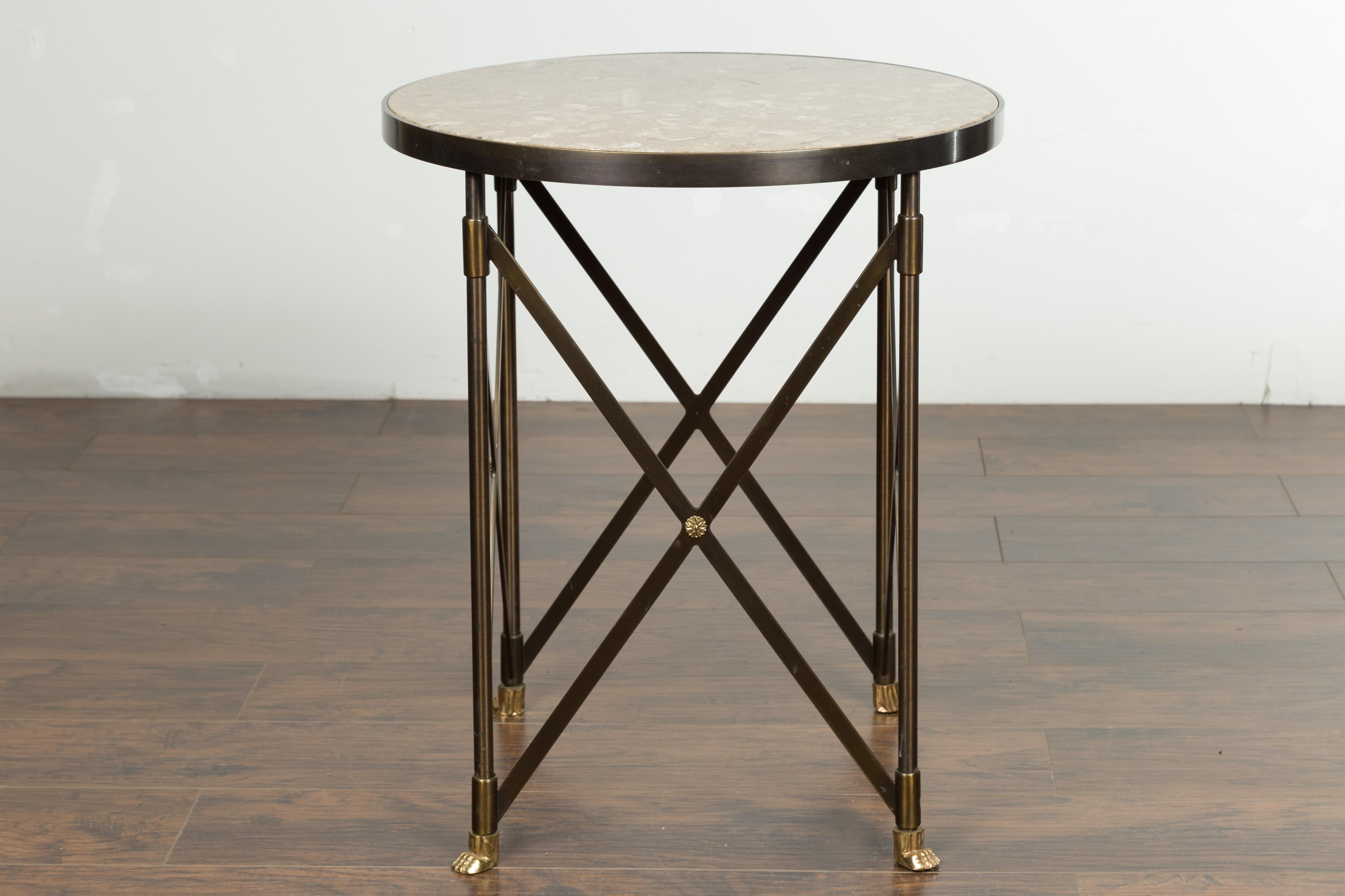 Italian Midcentury Bronze Side Table with Variegated Marble Top and Paw Feet For Sale 5