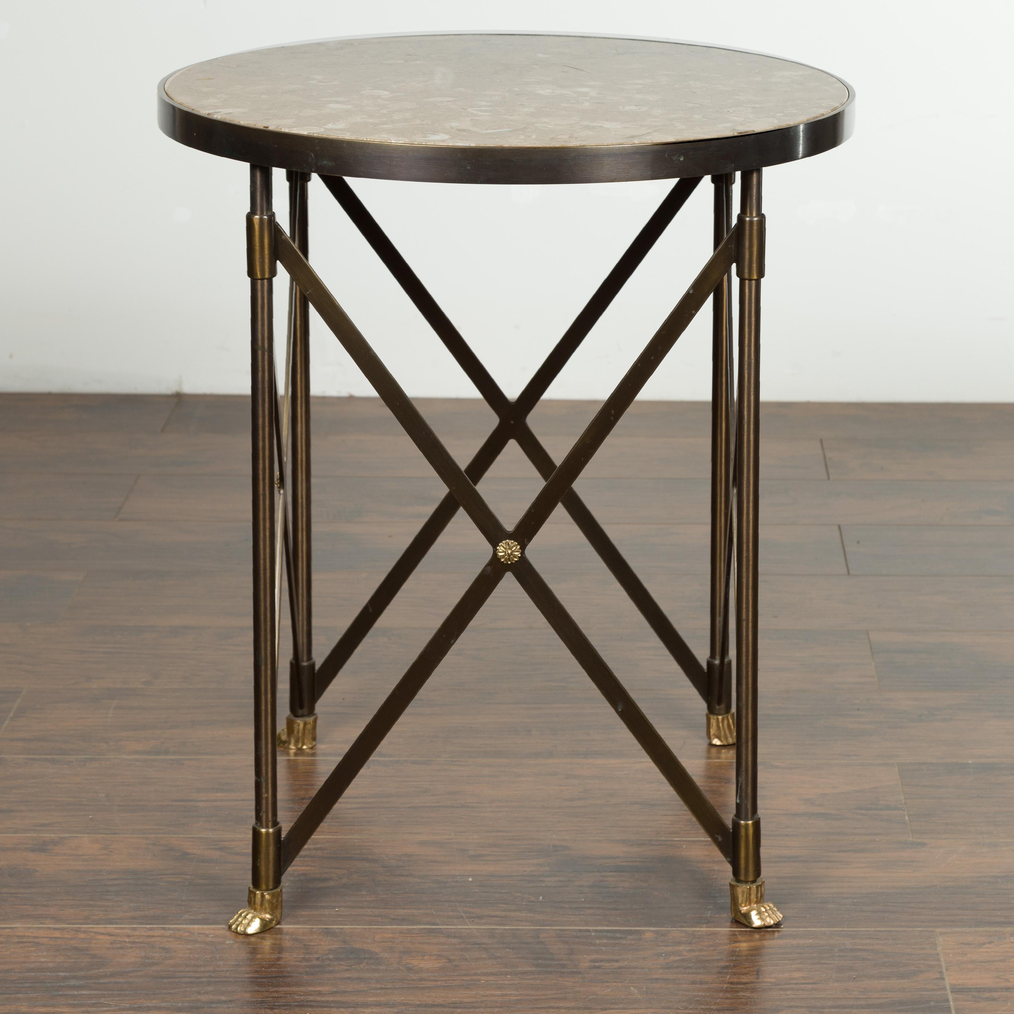 Italian Midcentury Bronze Side Table with Variegated Marble Top and Paw Feet For Sale 6