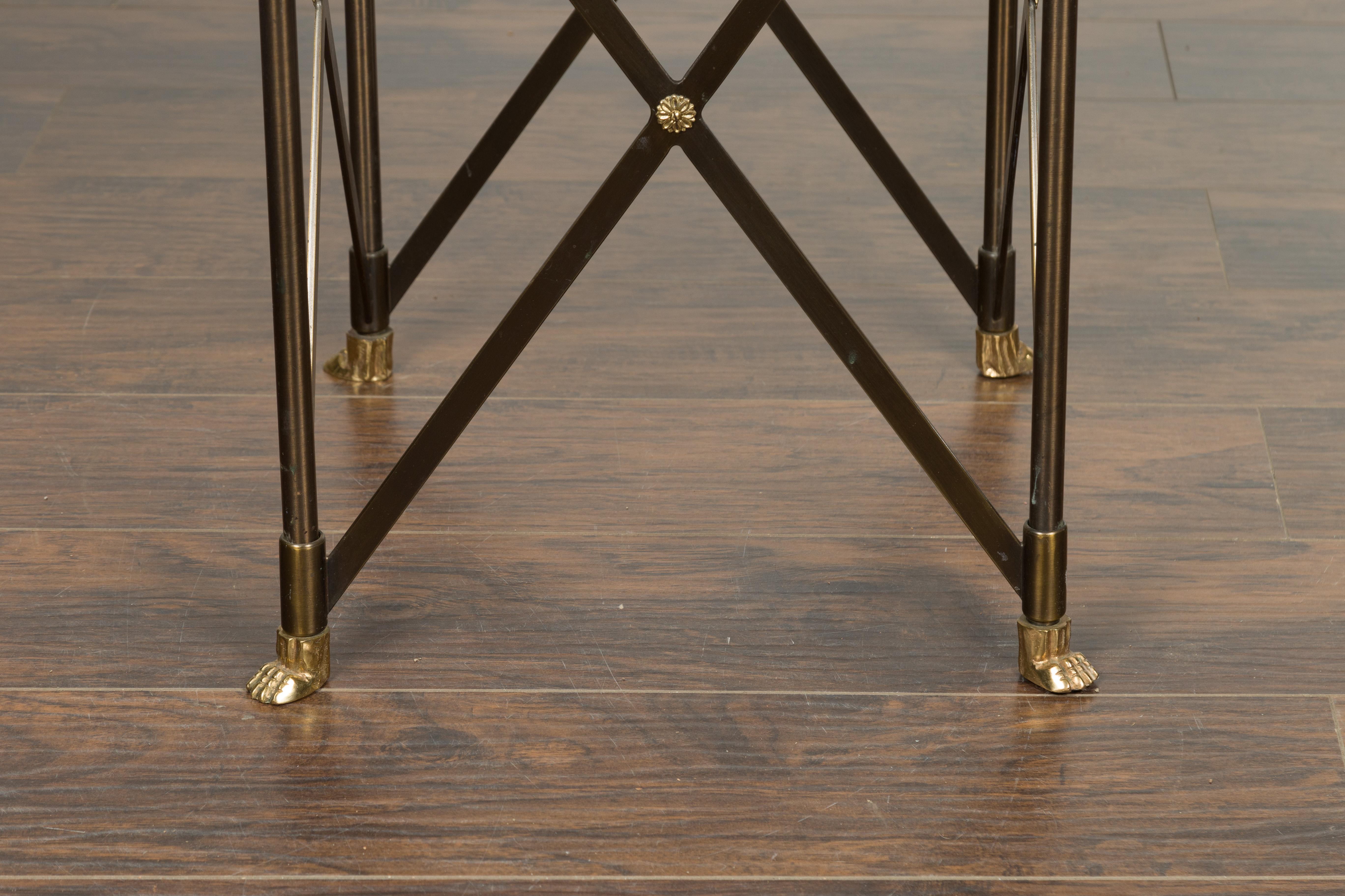 Italian Midcentury Bronze Side Table with Variegated Marble Top and Paw Feet For Sale 7