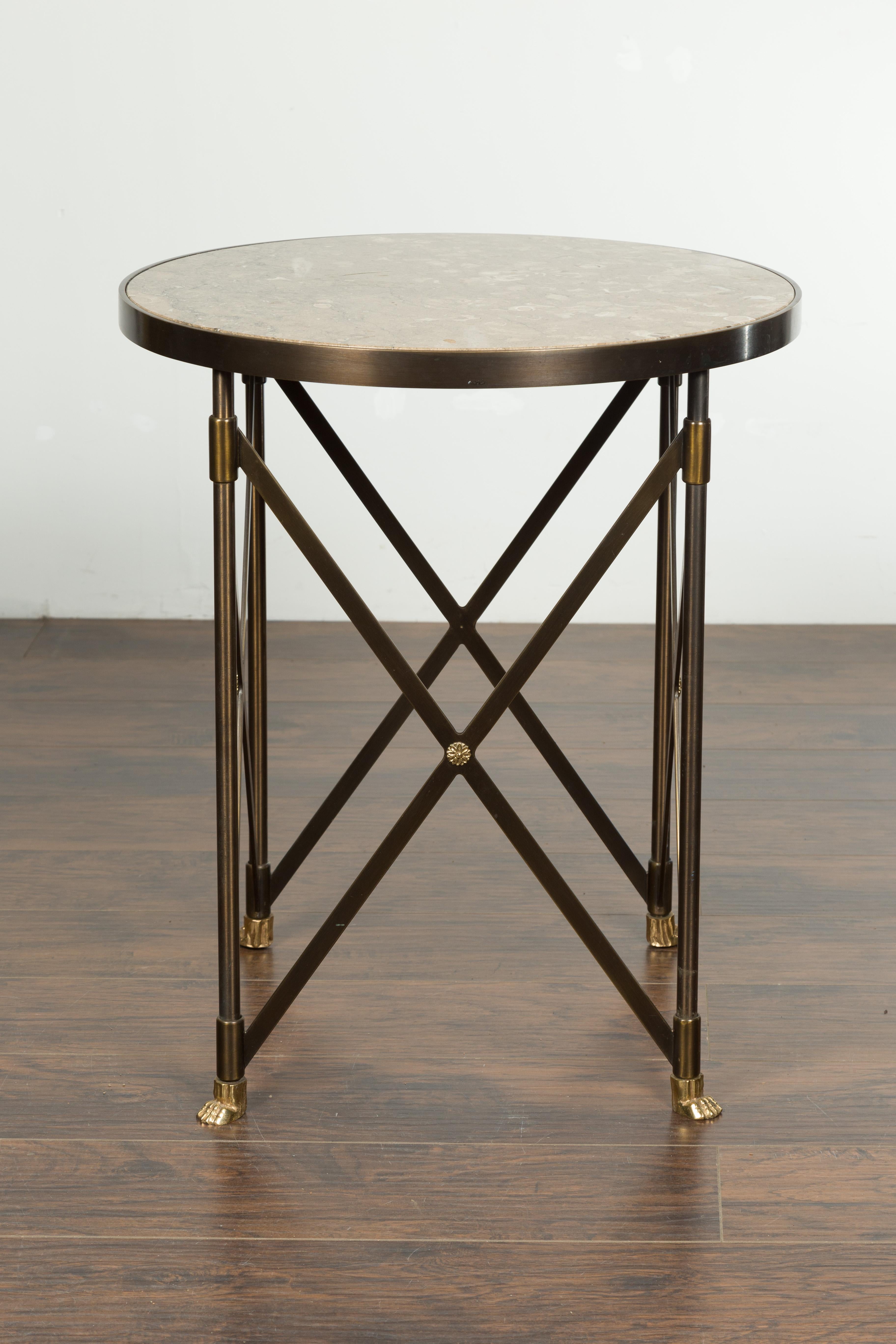 Mid-Century Modern Italian Midcentury Bronze Side Table with Variegated Marble Top and Paw Feet For Sale