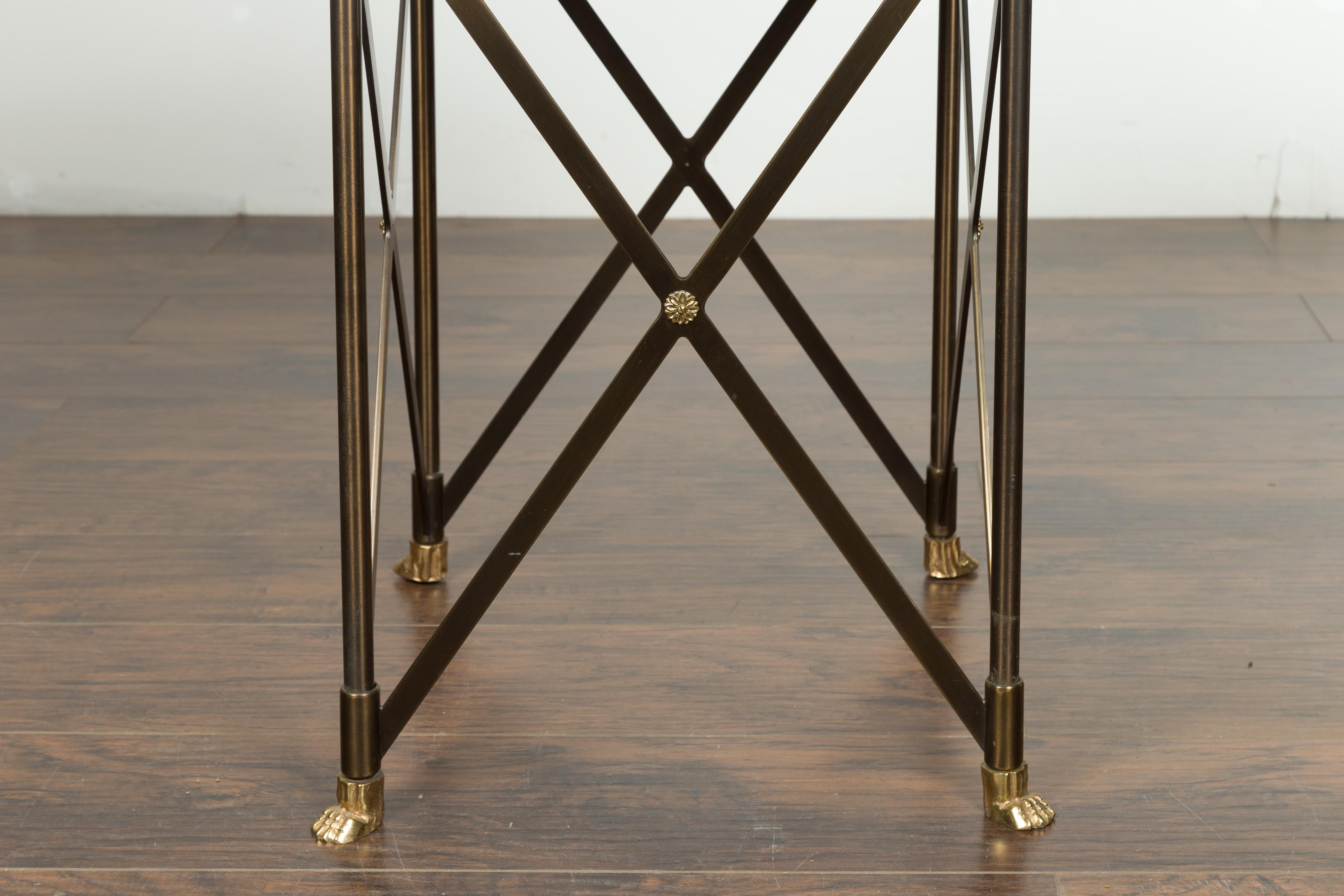 20th Century Italian Midcentury Bronze Side Table with Variegated Marble Top and Paw Feet For Sale