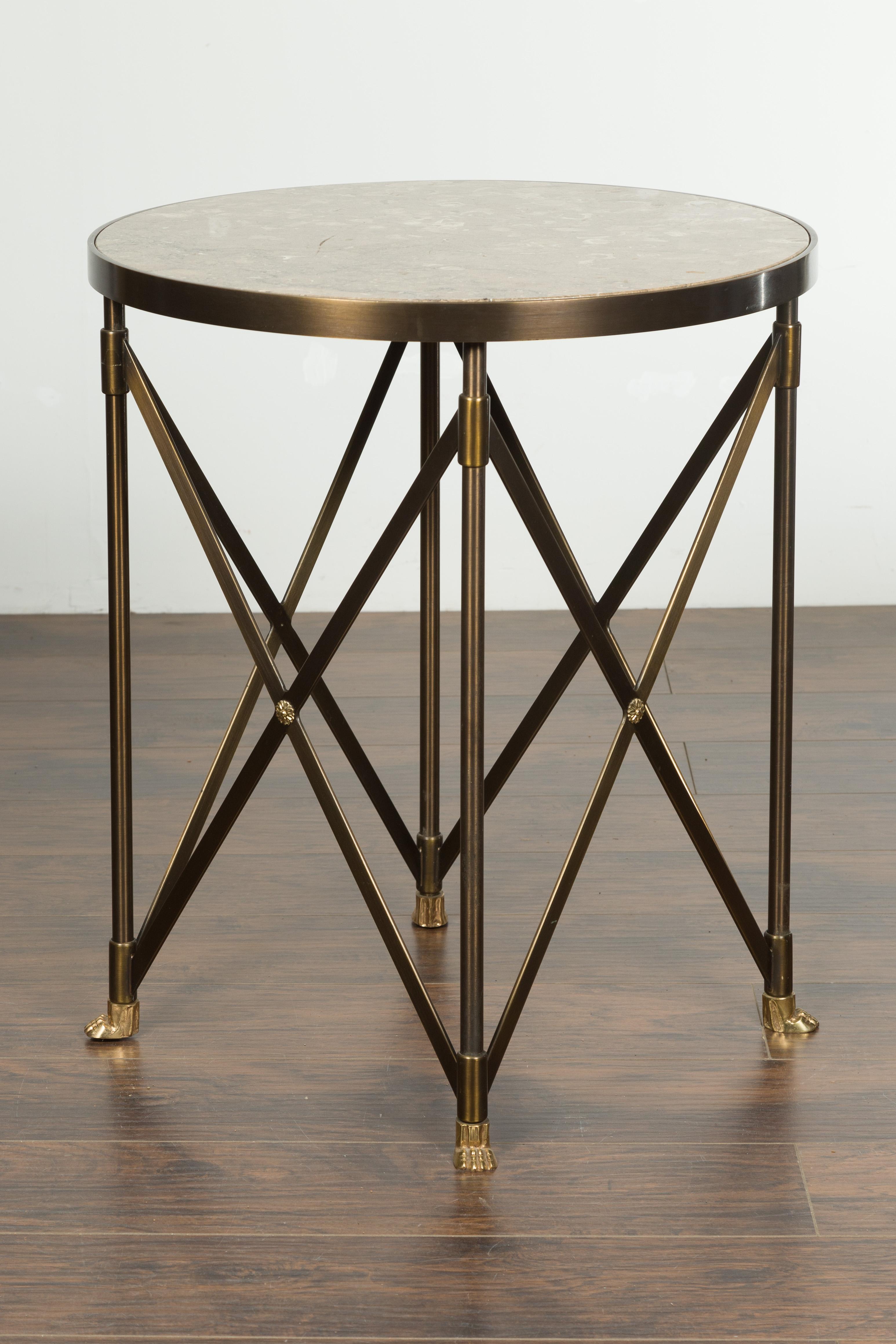 Italian Midcentury Bronze Side Table with Variegated Marble Top and Paw Feet For Sale 2