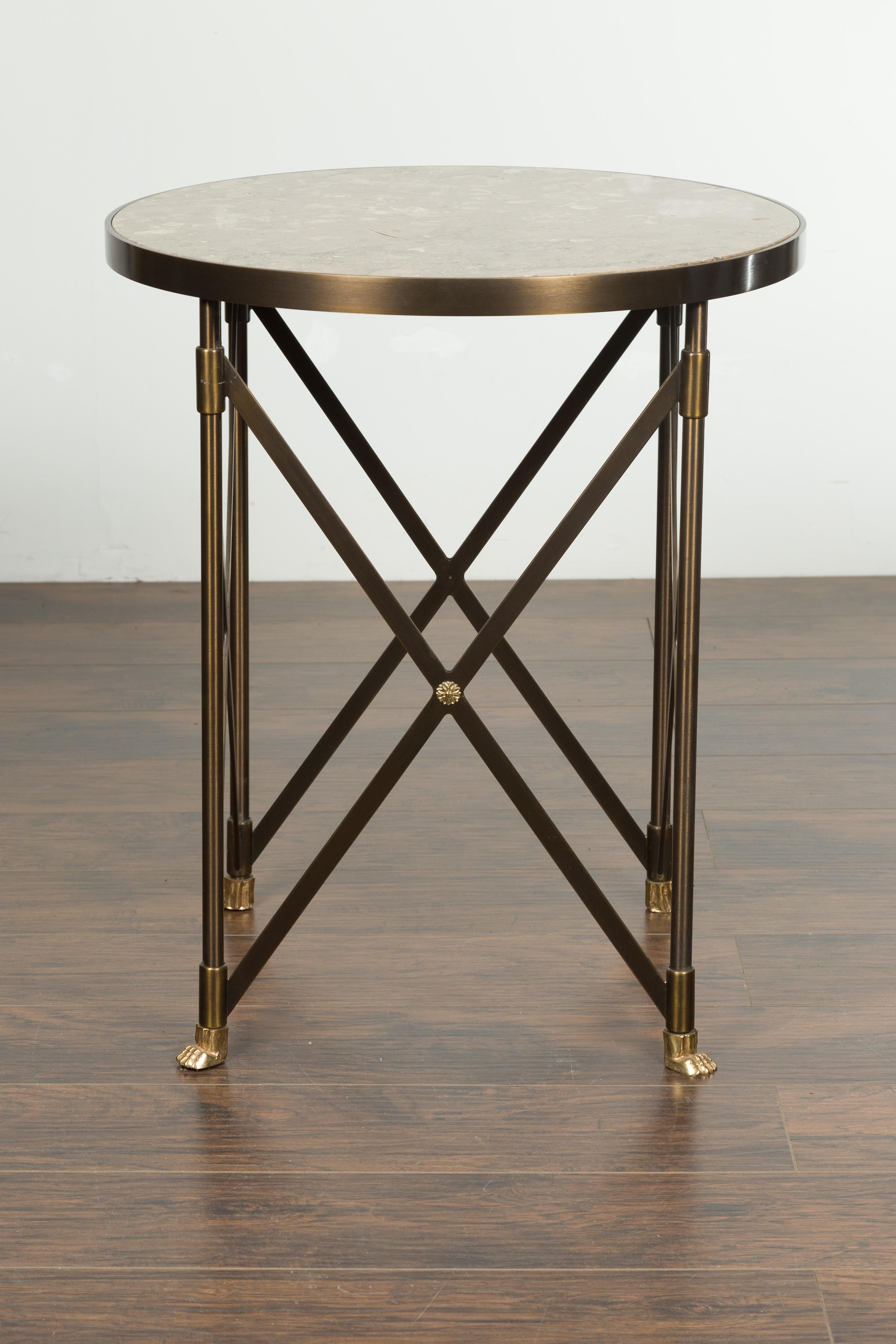 Italian Midcentury Bronze Side Table with Variegated Marble Top and Paw Feet For Sale 3