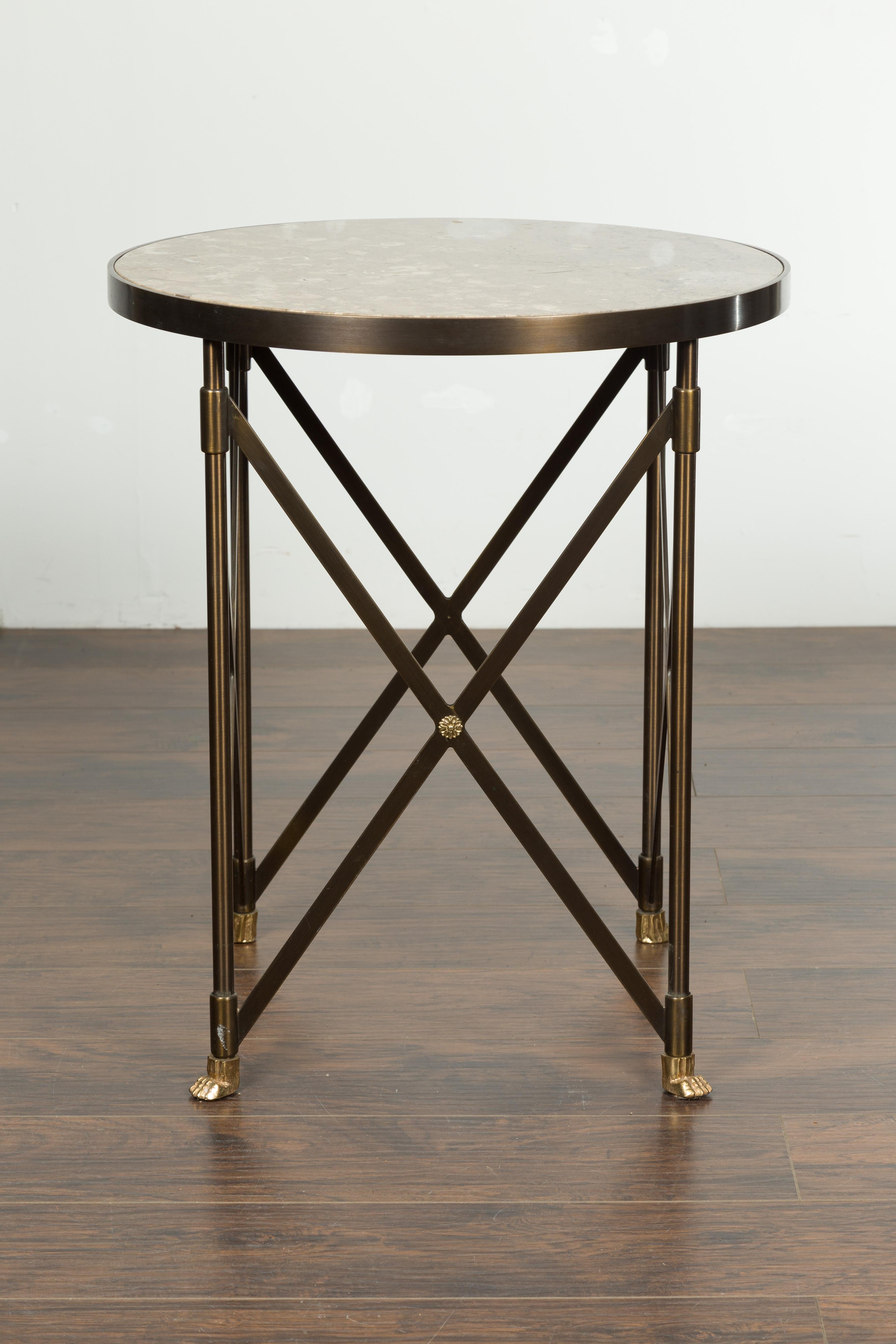 Italian Midcentury Bronze Side Table with Variegated Marble Top and Paw Feet For Sale 4
