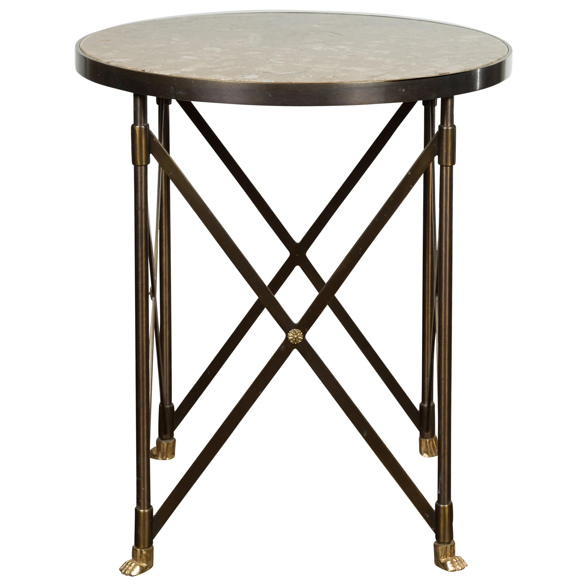 Italian Midcentury Bronze Side Table with Variegated Marble Top and Paw Feet For Sale