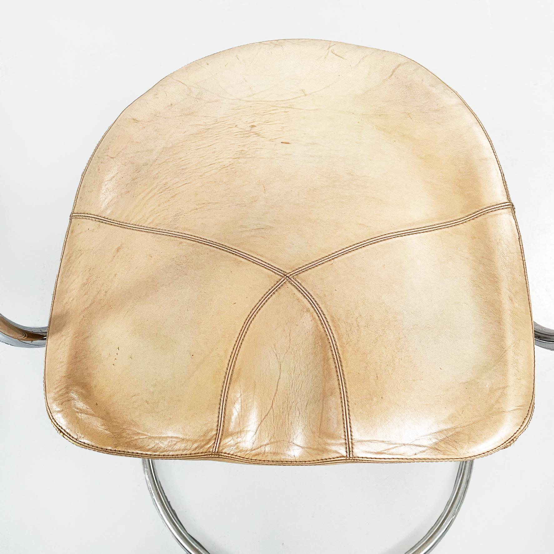 Italian MidCentury Brown Leather Steel Chairs by Tatlin Nikol International 1950 For Sale 1
