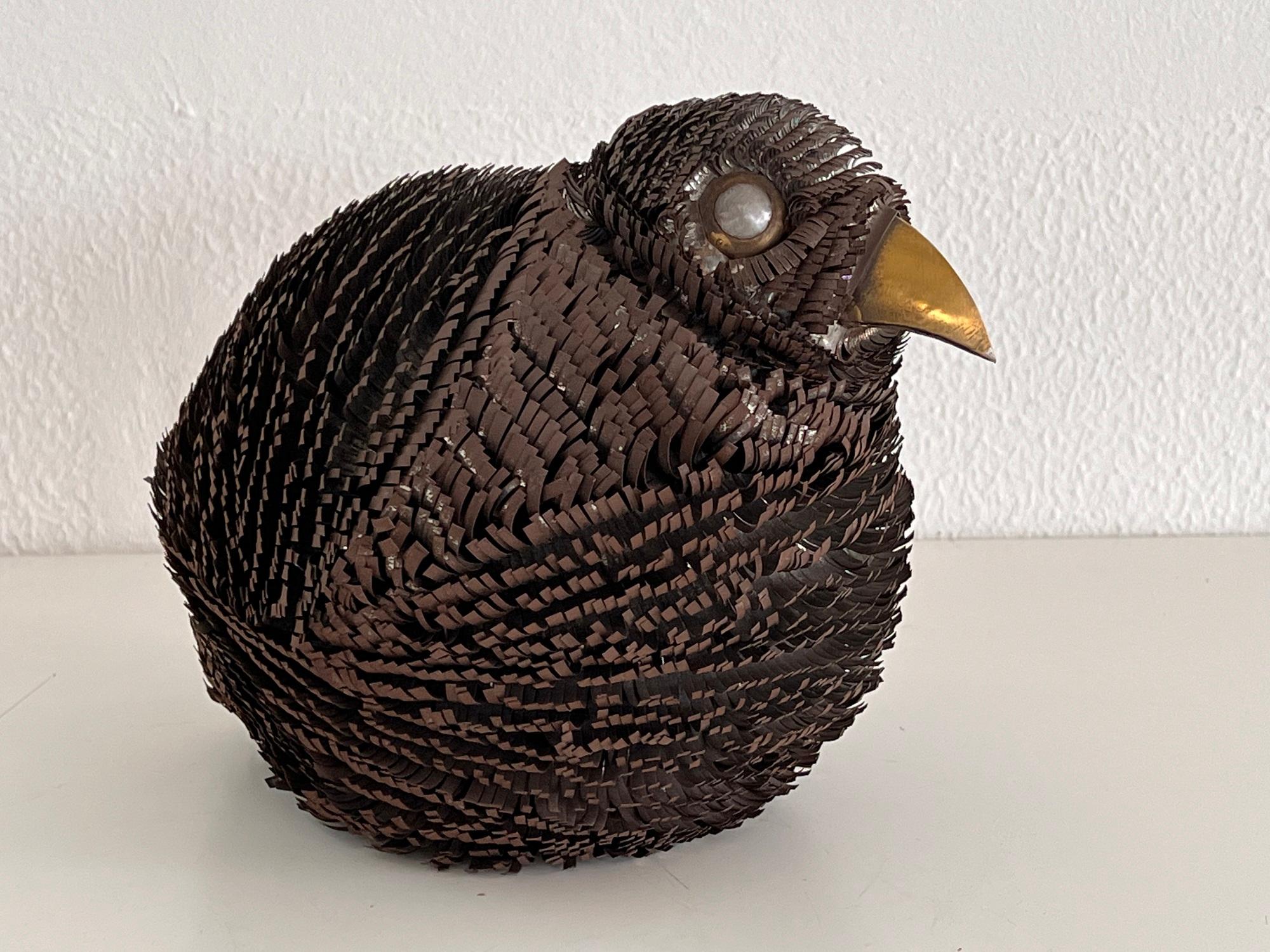 Italian Midcentury Brutalist Iron Welded Bird Sculpture, 1950-60s

Interesting brutalistic style hand-crafted iron sculpture in the shape of a bird.
The hand-welded iron pieces are partially rusty, and the large eyes and the golden beak give this