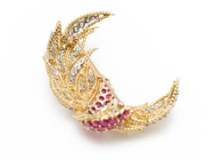 Italian Midcentury Burmese Ruby and Diamond Brooch in 18k Yellow and White Gold