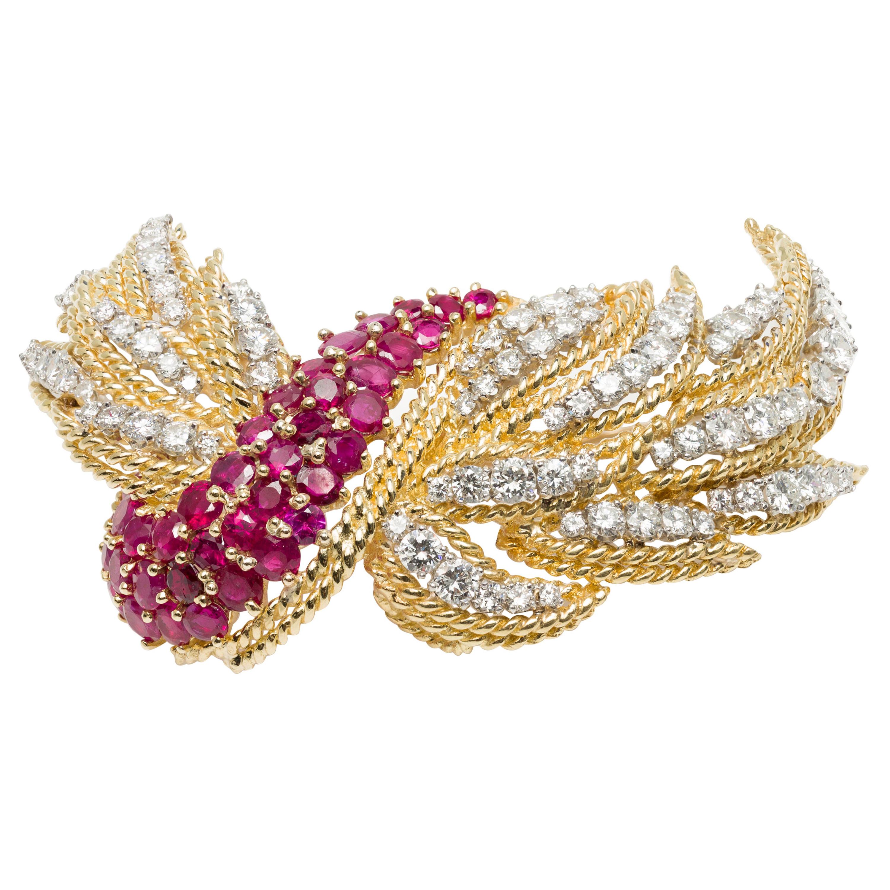 Italian Midcentury Burmese Ruby and Diamond Brooch in 18k Yellow and White Gold