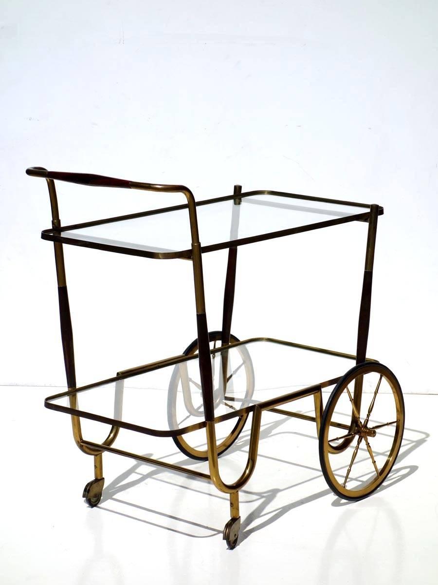 Italian Midcentury by Cesare Lacca 1950s Brass Rosewood Trolley Bar Cart In Good Condition In Brescia, IT
