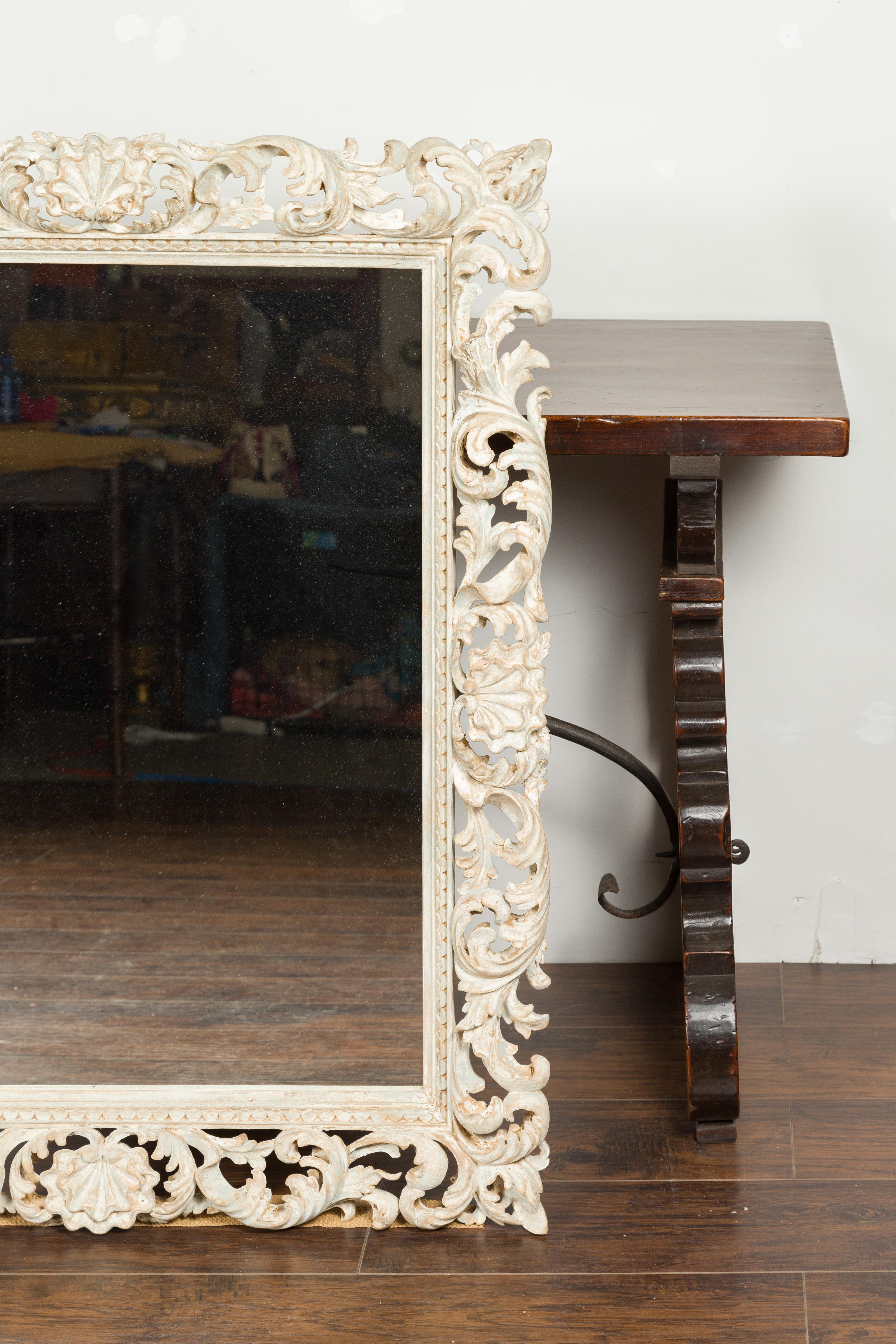 20th Century Italian Midcentury Carved Mirror with Scrolling Acanthus Leaves and Shell Motifs
