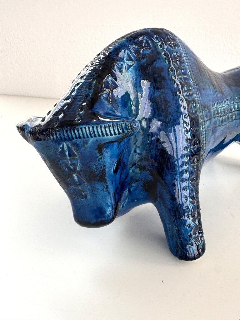 Italian Midcentury Ceramic Bull Rimini Blu by Aldo Londi for