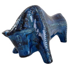 Italian Midcentury Ceramic Bull Rimini Blu by Aldo Londi for Bitossi, 1960s