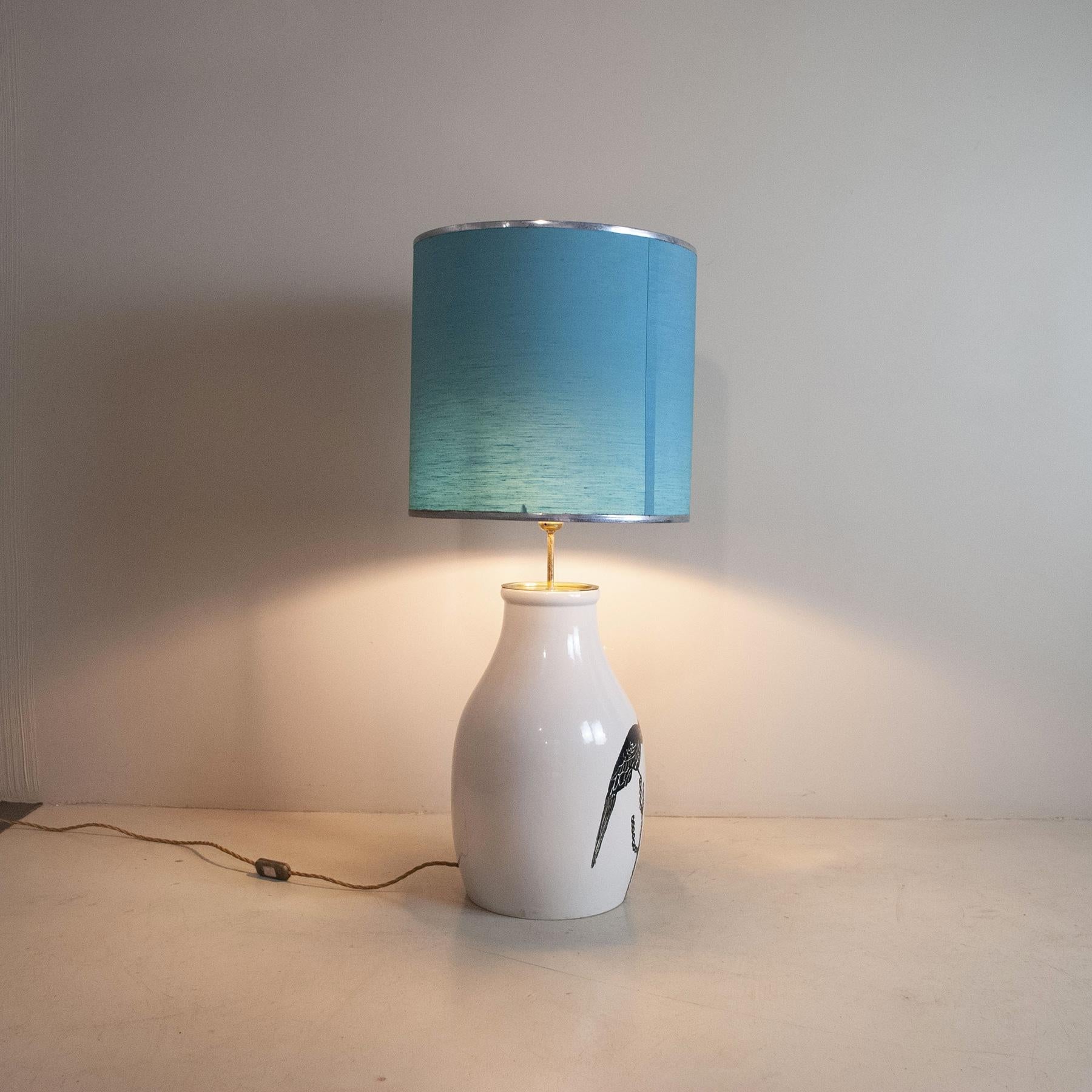 Glazed Italian Midcentury Ceramic Table Lamp with Parrots Painting from the Sixties For Sale