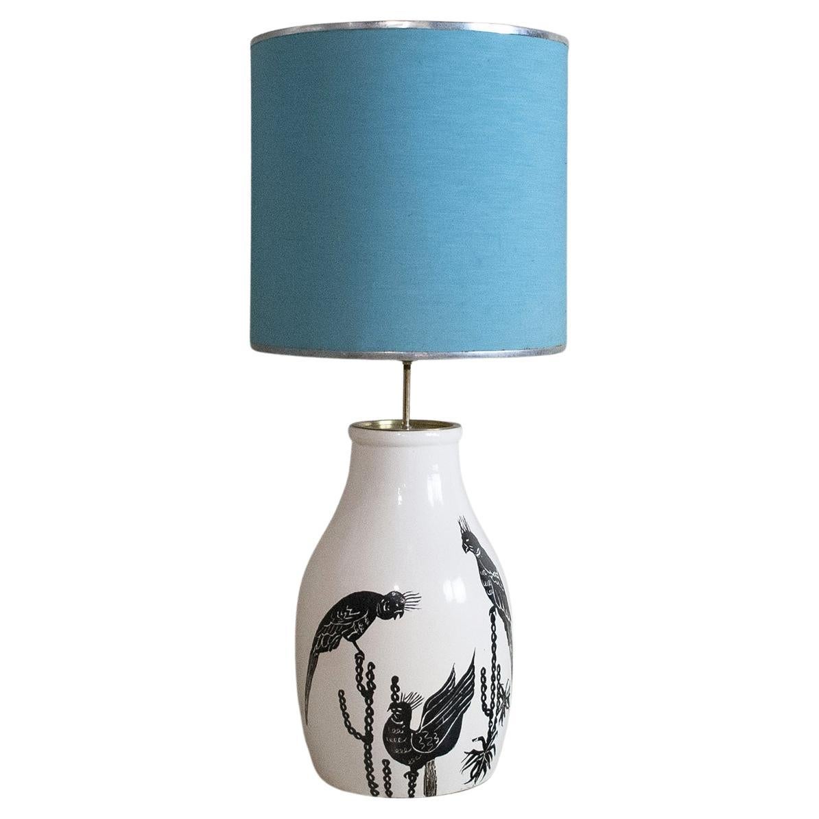 Italian Midcentury Ceramic Table Lamp with Parrots Painting from the Sixties For Sale