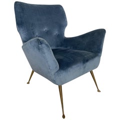 Italian Midcentury Chair with Blue Velvet Upholstery