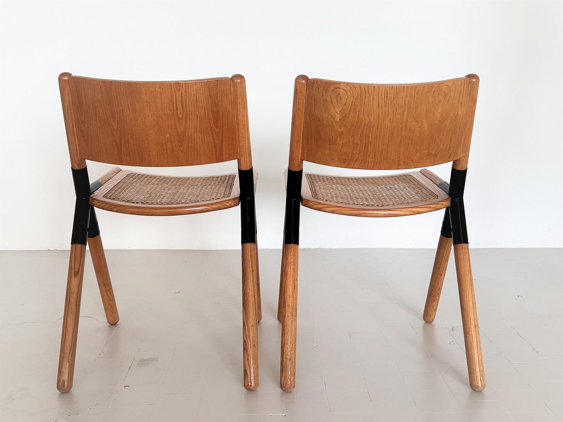 Italian Midcentury Chairs in Oak and Rattan by Mauro Pasquinelli, 1975 For Sale 3