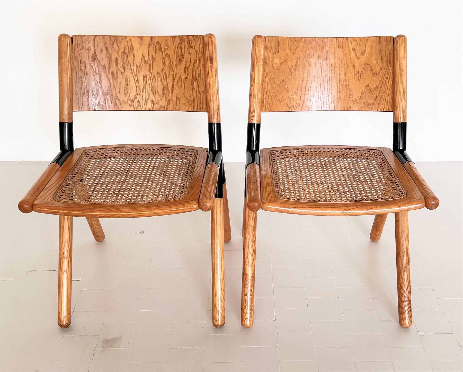 Woven Italian Midcentury Chairs in Oak and Rattan by Mauro Pasquinelli, 1975 For Sale