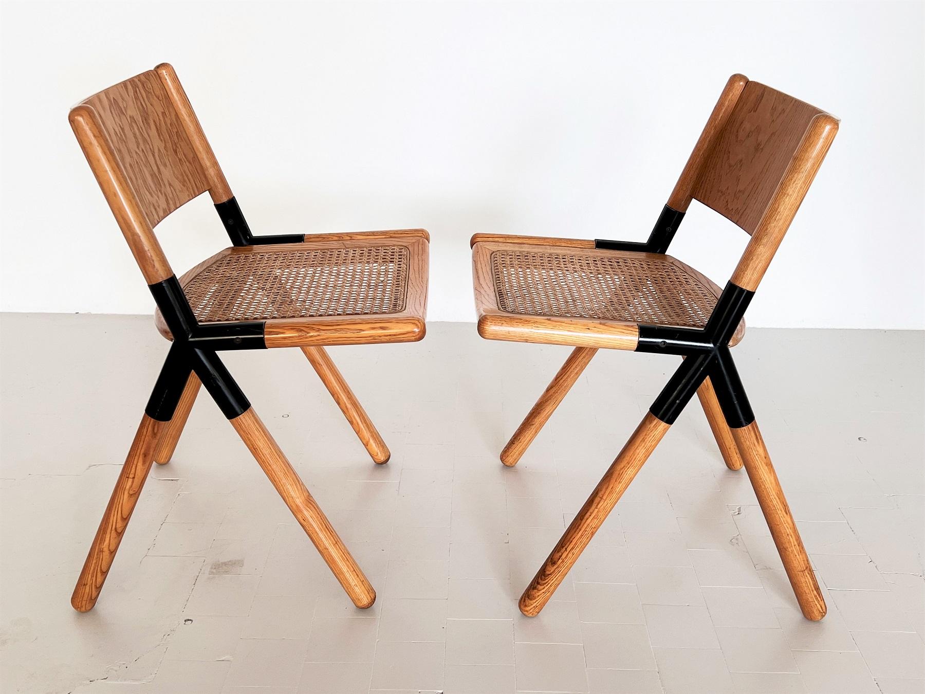 Italian Midcentury Chairs in Oak and Rattan by Mauro Pasquinelli, 1975 For Sale 1