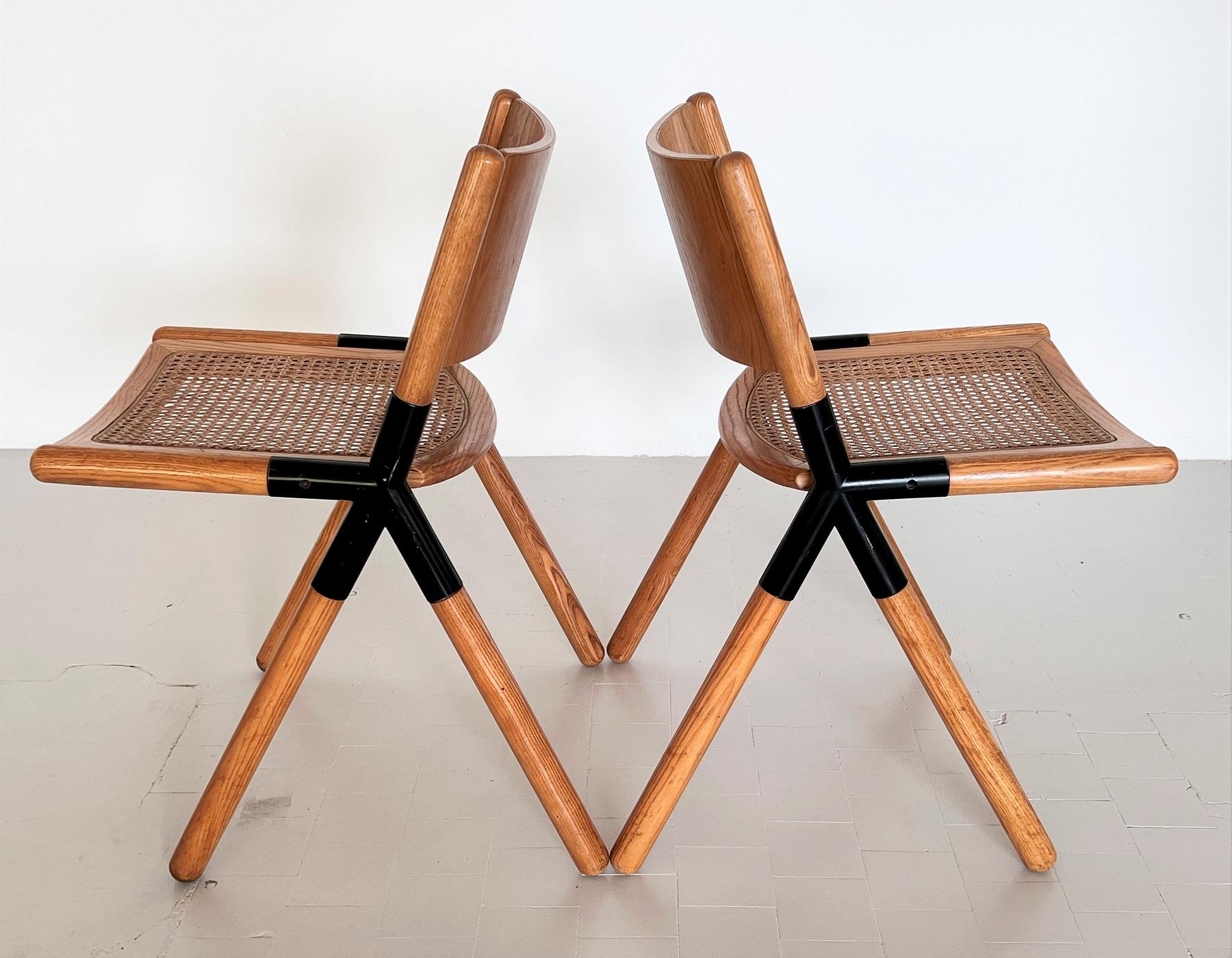 Italian Midcentury Chairs in Oak and Rattan by Mauro Pasquinelli, 1975 For Sale 2