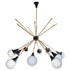Italian Midcentury Chandelier 10 Arms, Brass and Glass