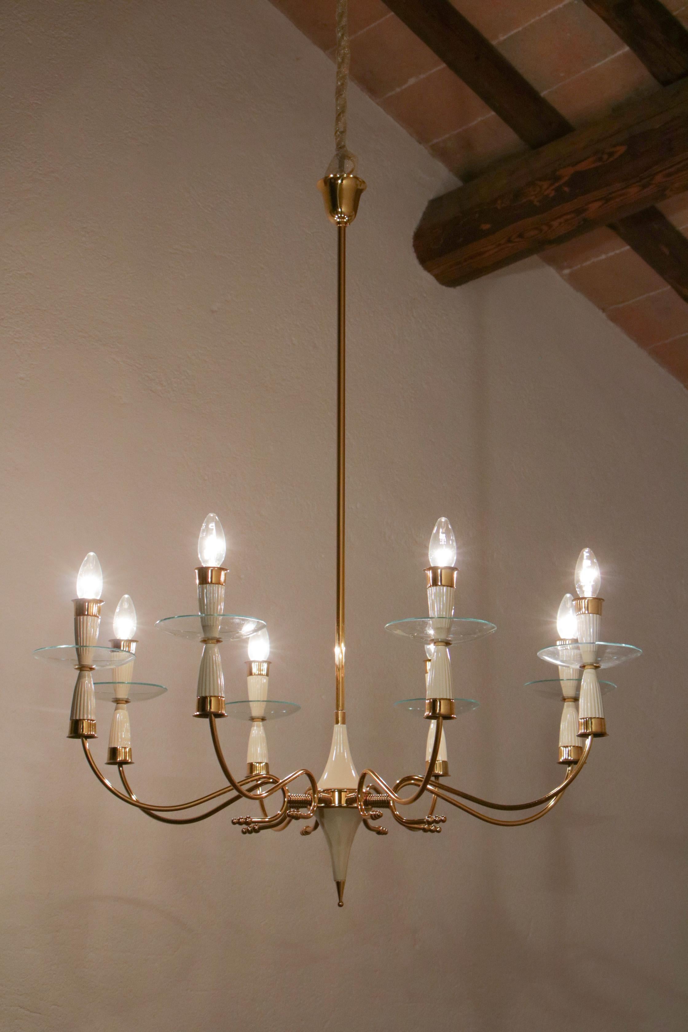 Italian MidCentury Chandelier, 8 Lights, Gold, Ivory Color, Fontana Arte style For Sale 11