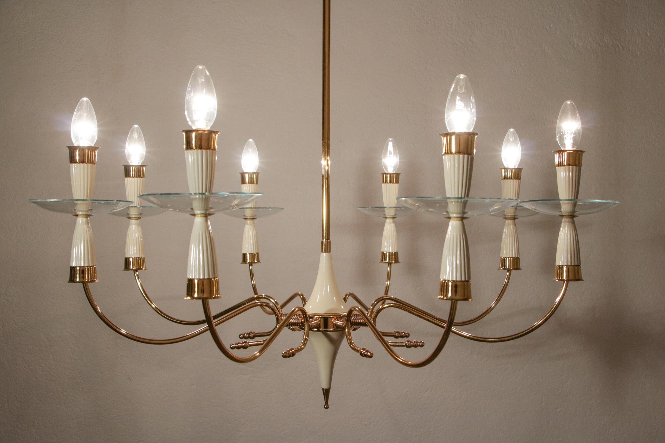 Italian MidCentury Chandelier, 8 Lights, Gold, Ivory Color, Fontana Arte style For Sale 12