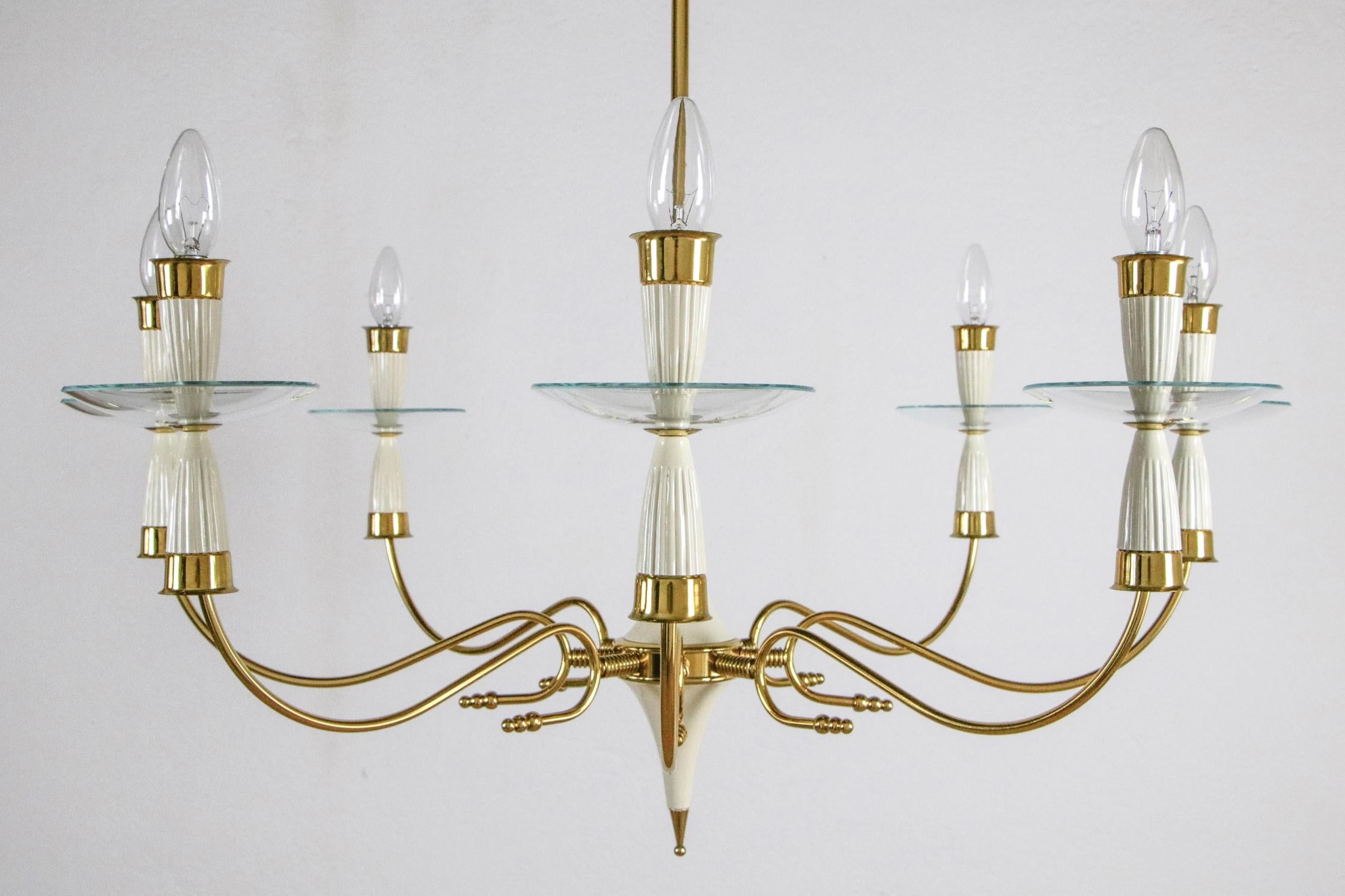 Mid-20th Century Italian MidCentury Chandelier, 8 Lights, Gold, Ivory Color, Fontana Arte style For Sale