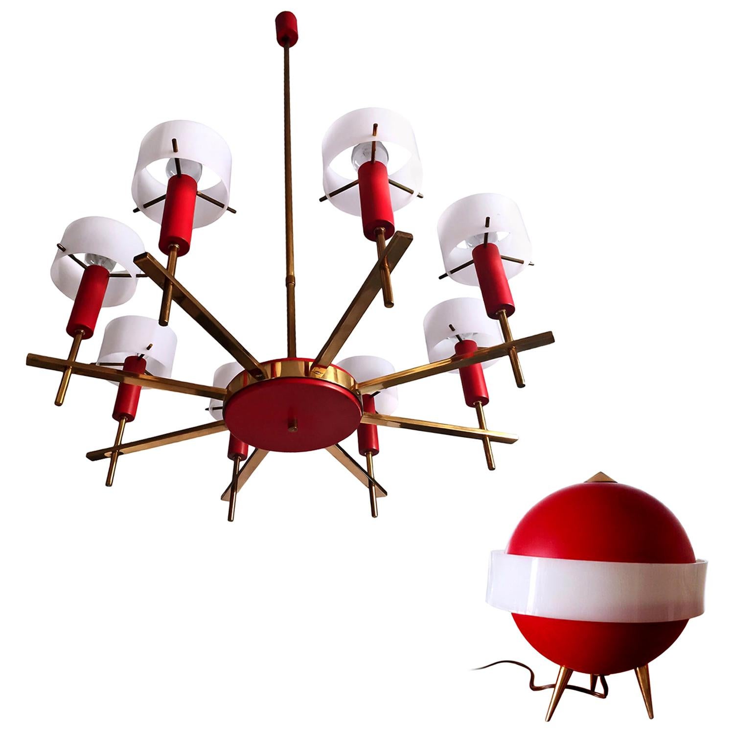 Italian Midcentury Chandelier and Table Lamp by Angelo Brotto for Esperia, 1950s