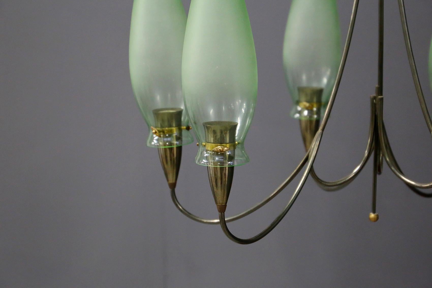 Mid-20th Century Italian Midcentury Chandelier in Brass and Murano Glass, 1950s