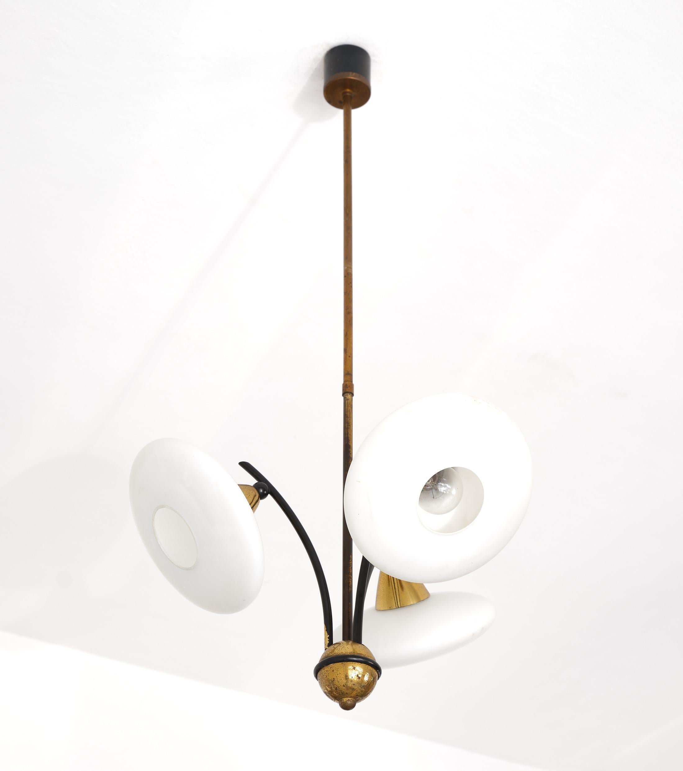 Italian Mid-Century Chandelier in Brass, Black Iron and Milk Glass, 1950s In Good Condition In Rome, IT