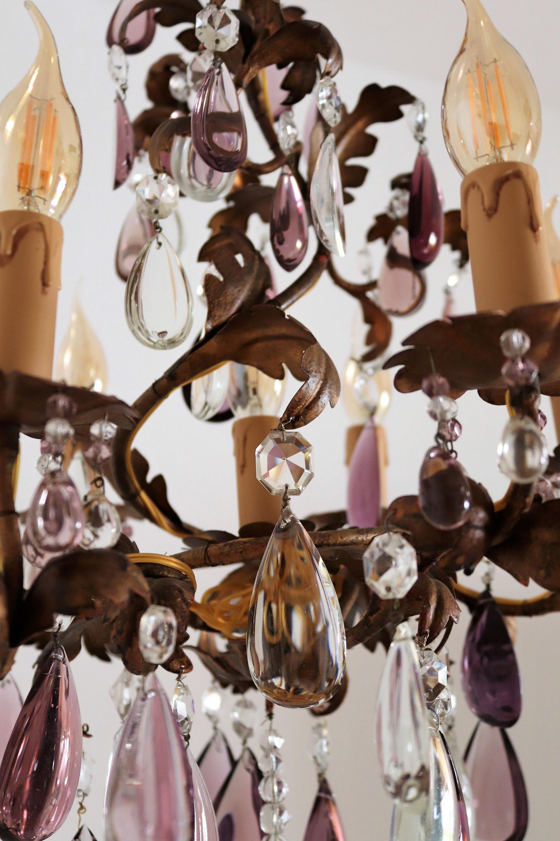 Italian Midcentury Chandelier with Antique Purple Murano Crystal Glass Drops 4