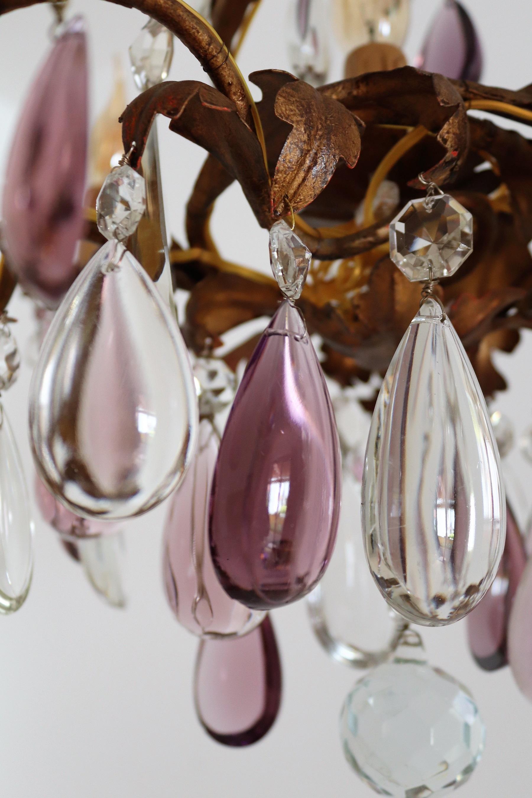 Italian Midcentury Chandelier with Antique Purple Murano Crystal Glass Drops 5