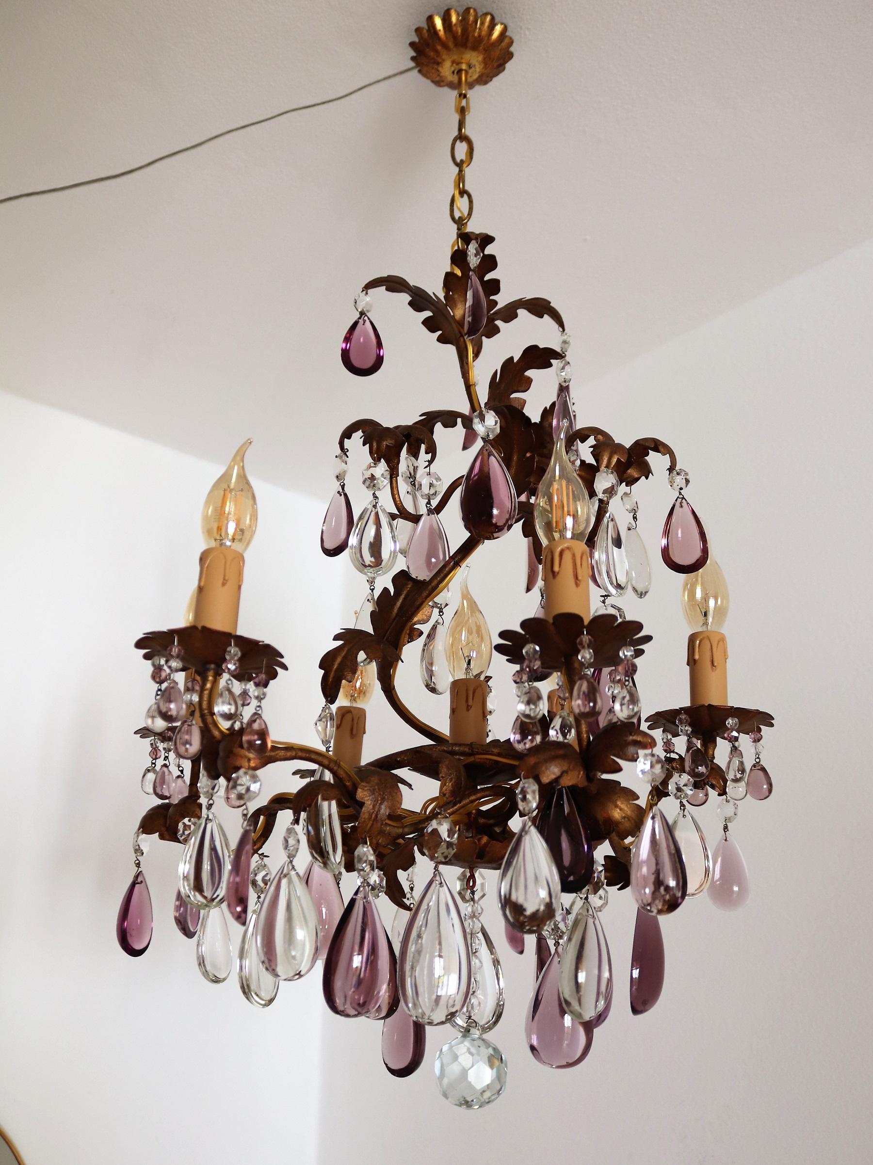Italian Midcentury Chandelier with Antique Purple Murano Crystal Glass Drops 6