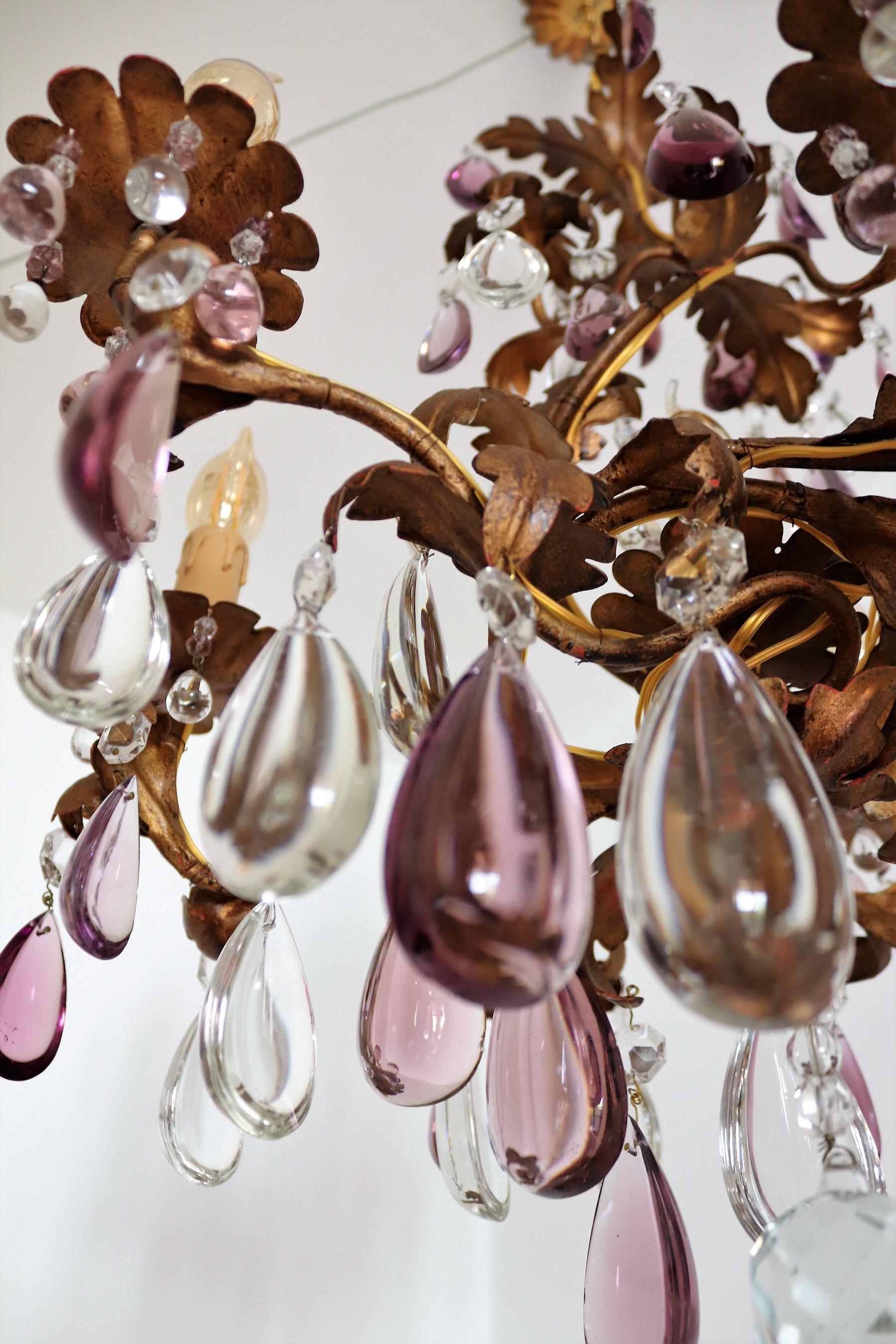 Italian Midcentury Chandelier with Antique Purple Murano Crystal Glass Drops 9