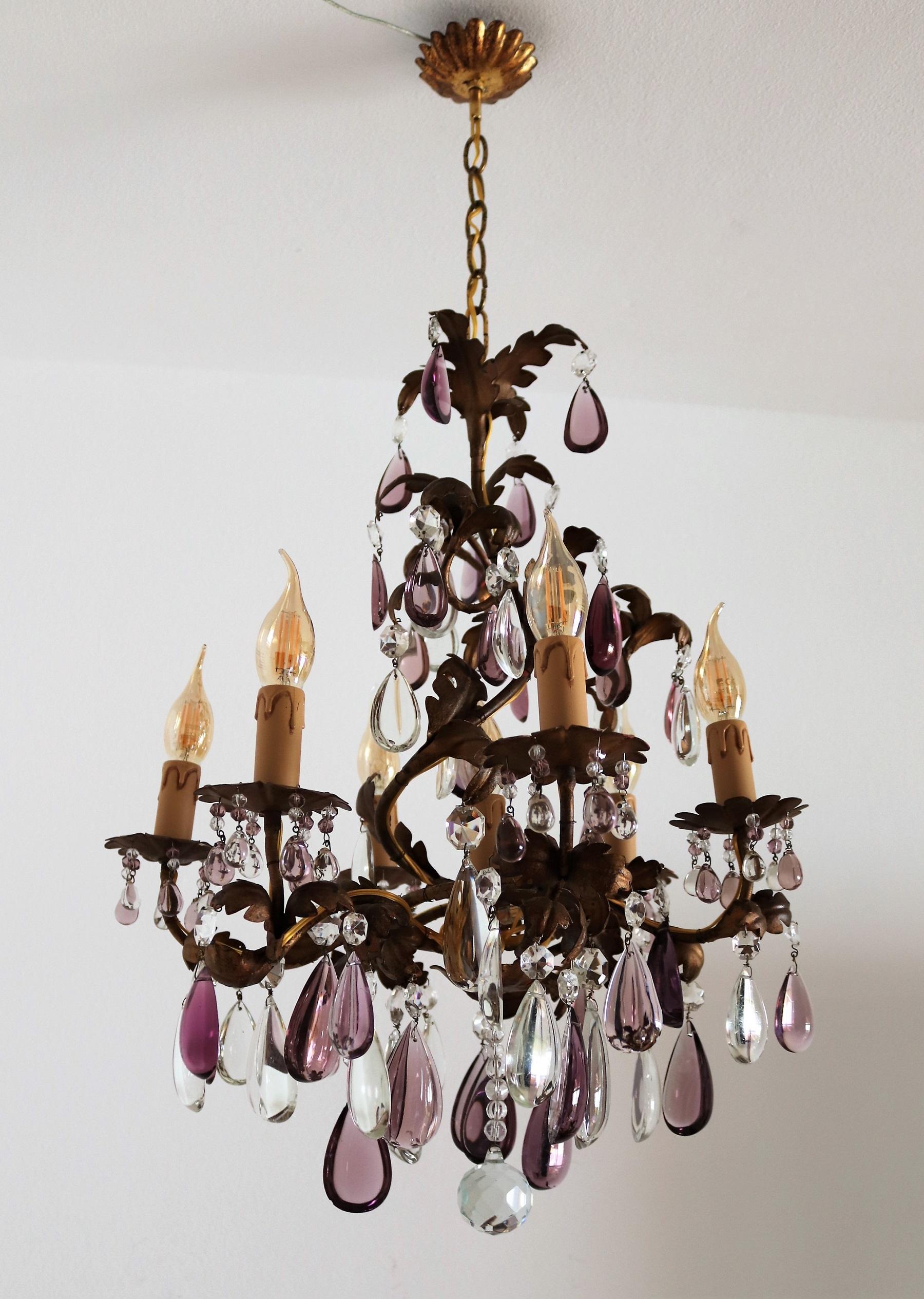 Italian Midcentury Chandelier with Antique Purple Murano Crystal Glass Drops 10