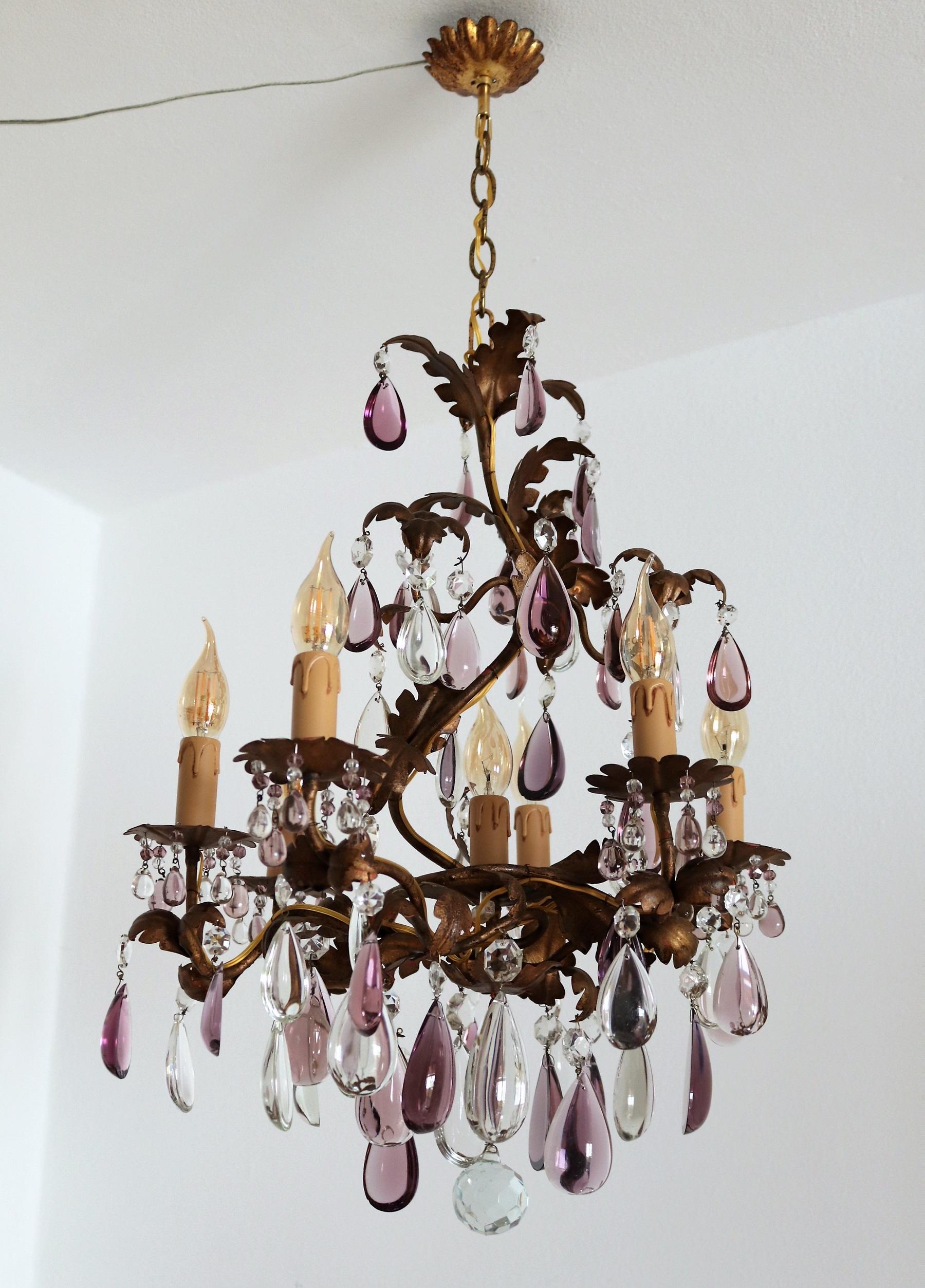 Italian Midcentury Chandelier with Antique Purple Murano Crystal Glass Drops 11
