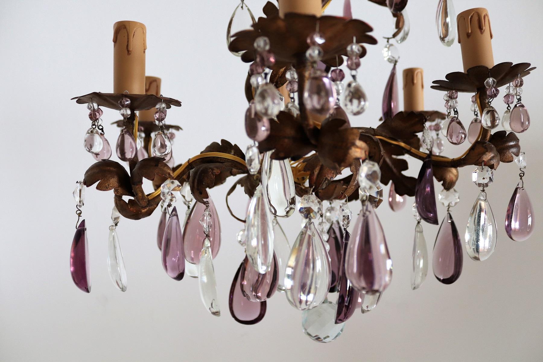Italian Midcentury Chandelier with Antique Purple Murano Crystal Glass Drops 13