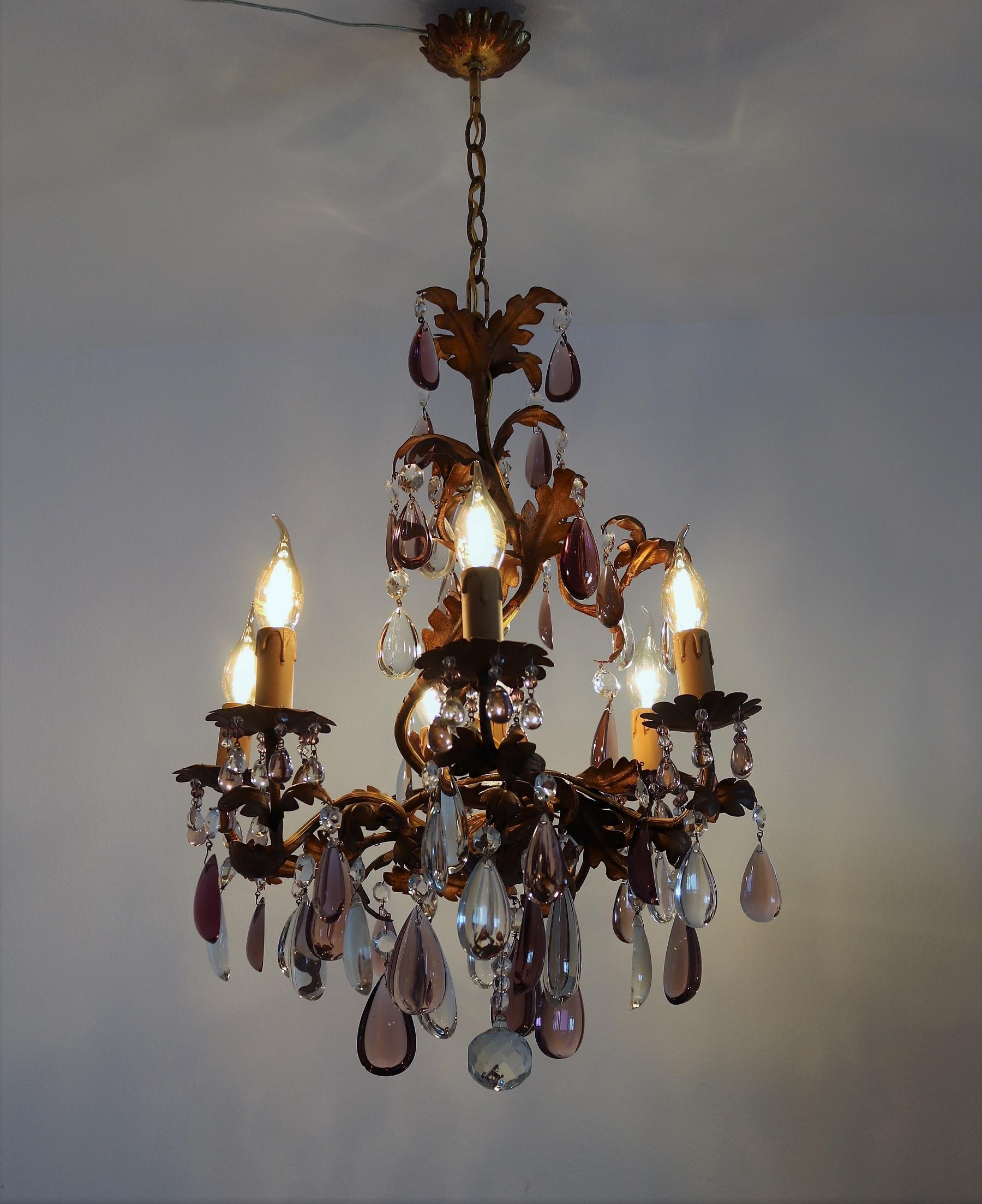 Italian Midcentury Chandelier with Antique Purple Murano Crystal Glass Drops 14