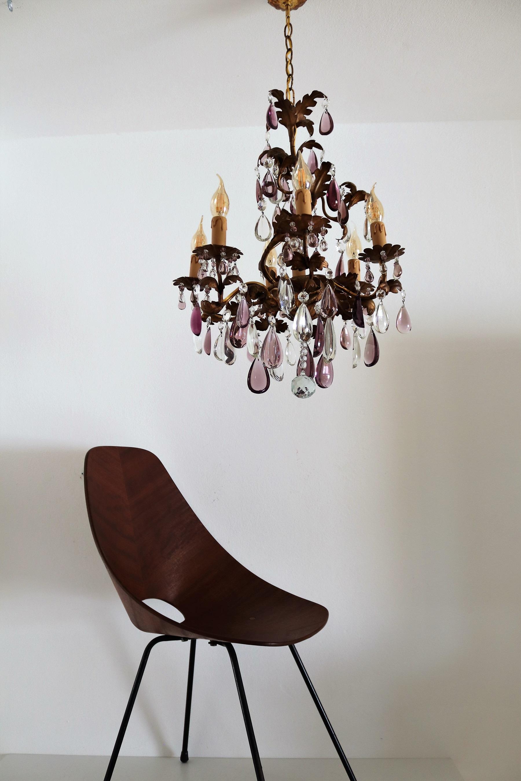 Gilt Italian Midcentury Chandelier with Antique Purple Murano Crystal Glass Drops