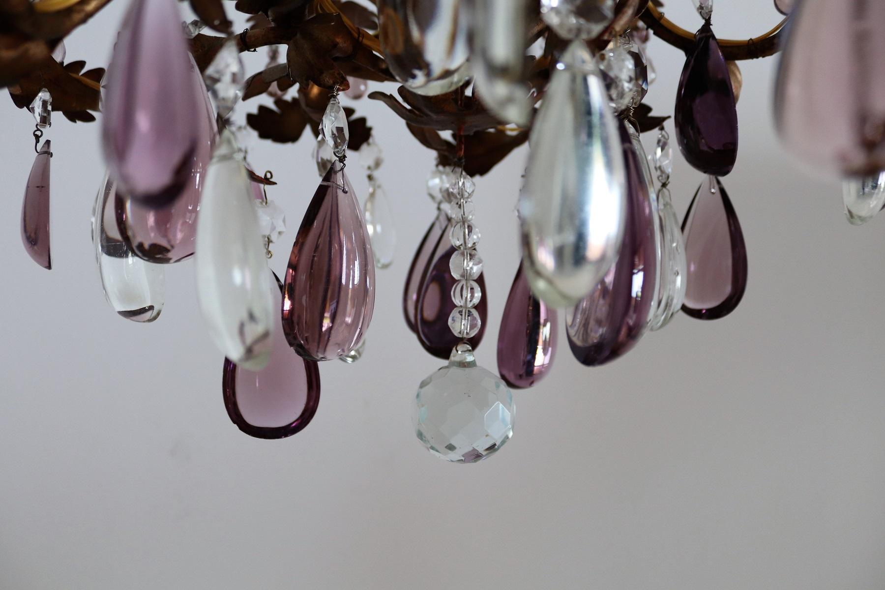 Mid-20th Century Italian Midcentury Chandelier with Antique Purple Murano Crystal Glass Drops